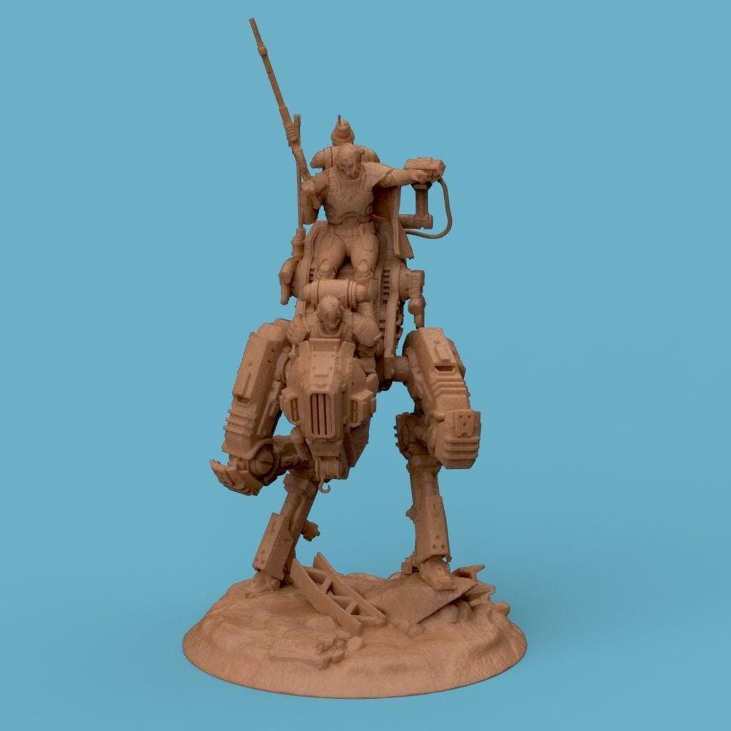 3D-printed model of the Vendetta Deathmark, featuring a futuristic mech walker piloted by armored soldiers. The detailed design includes mechanical limbs, weapon mounts, and a rugged battlefield base, perfect for sci-fi collectors and tabletop gaming enthusiasts.