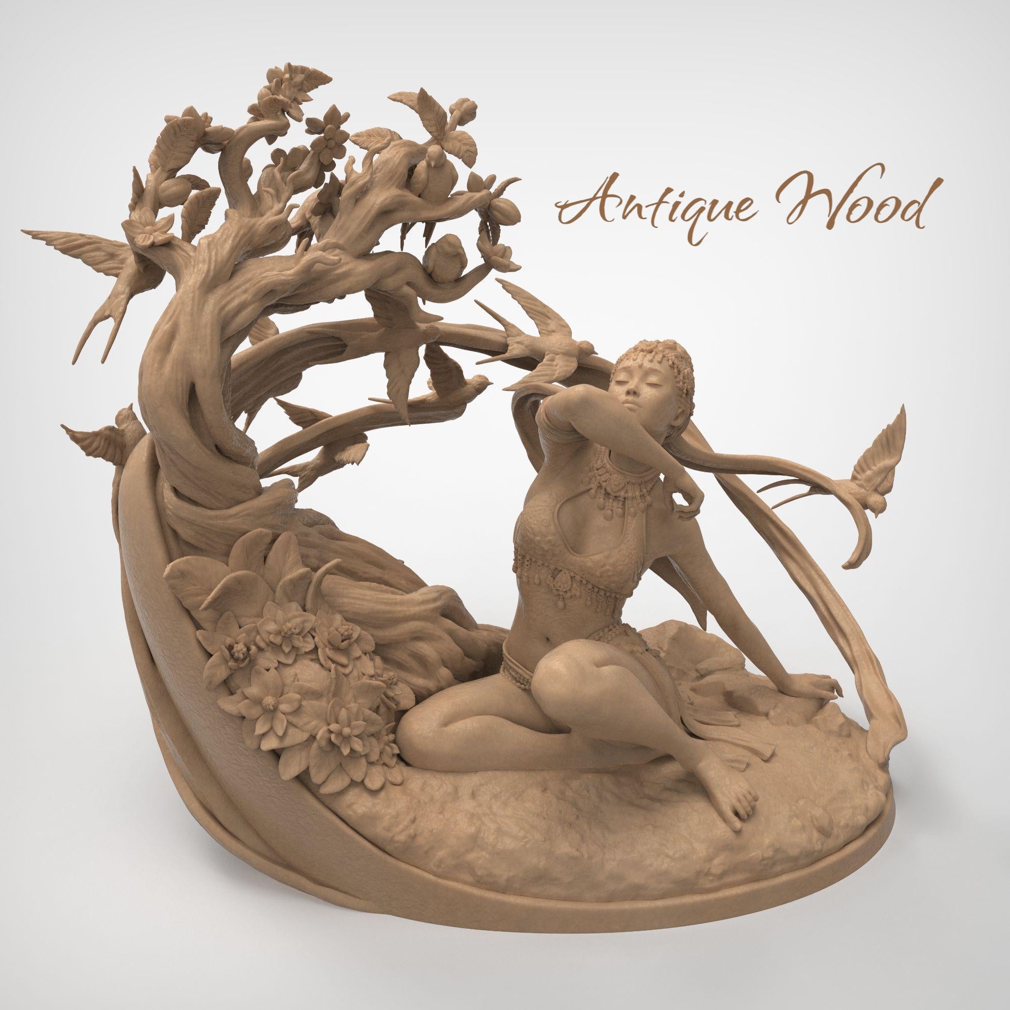 Spring’s Awakening captures a serene goddess embraced by nature as she greets the morning breeze. With flowers blooming around her and birds in flight, this sculpture evokes renewal and harmony. Ideal for fantasy lovers and collectors.