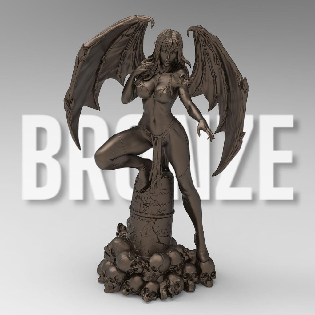 Demoness with bat-like wings, red skin, black armor, and piercing yellow eyes. She stands atop skulls, exuding power and allure. With curved horns and a confident stance, she embodies a seductive yet menacing presence.