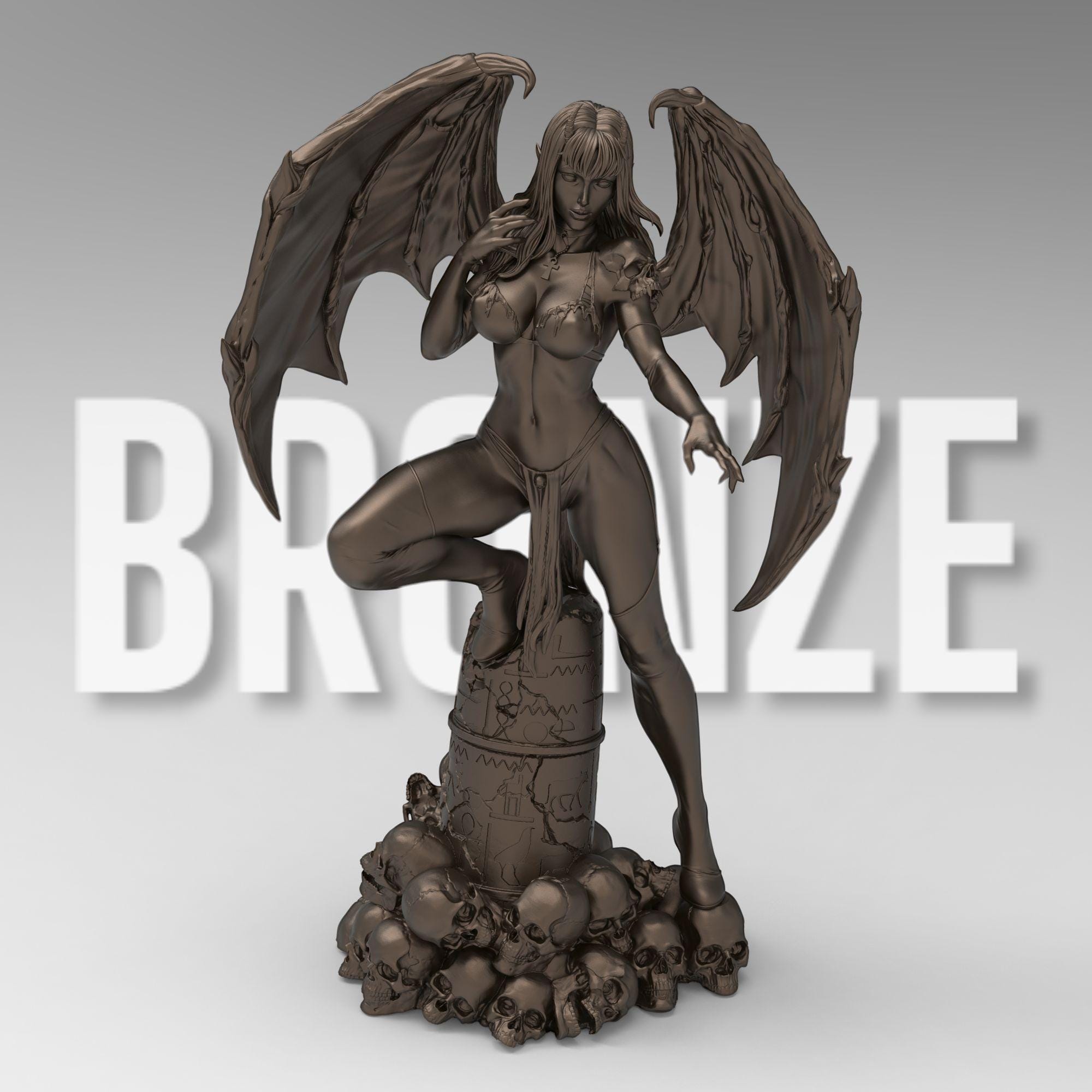 Demoness with bat-like wings, red skin, black armor, and piercing yellow eyes. She stands atop skulls, exuding power and allure. With curved horns and a confident stance, she embodies a seductive yet menacing presence.