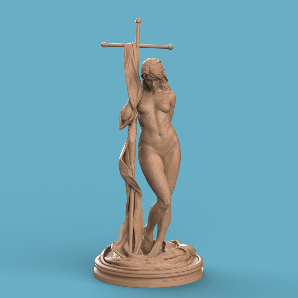 3D-printed Helga statue featuring a graceful nude female figure posed beside a large cross-draped cloth, standing on a textured circular base. Elegant and artistic collectible sculpture, ideal for home décor or display.