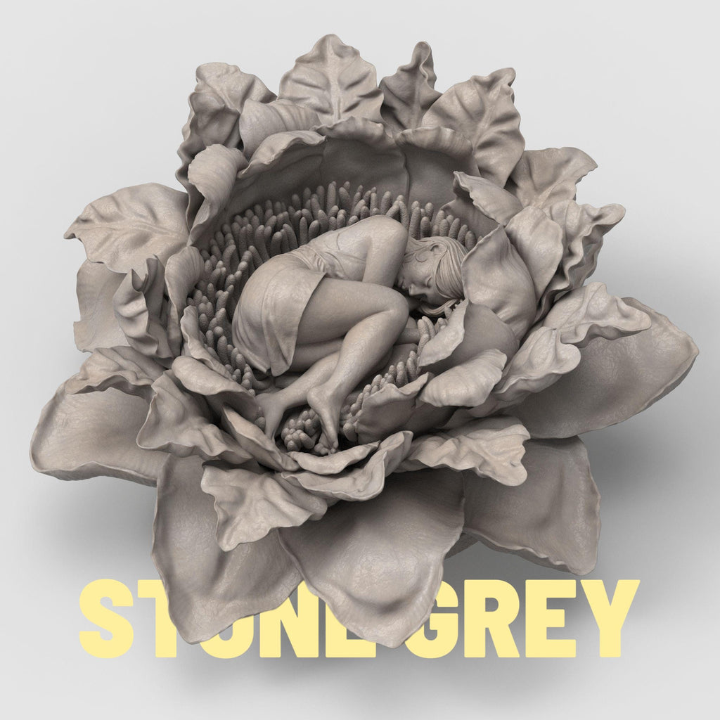 Intricate 3D-printed sculpture of a young woman peacefully curled up and sleeping within the center of a large blooming flower. The figure is detailed with delicate petals and lifelike textures, available in both unpainted and hand-painted versions. The painted model features deep red petals and a pale yellow dress, creating a dreamy, fairytale-like appearance.