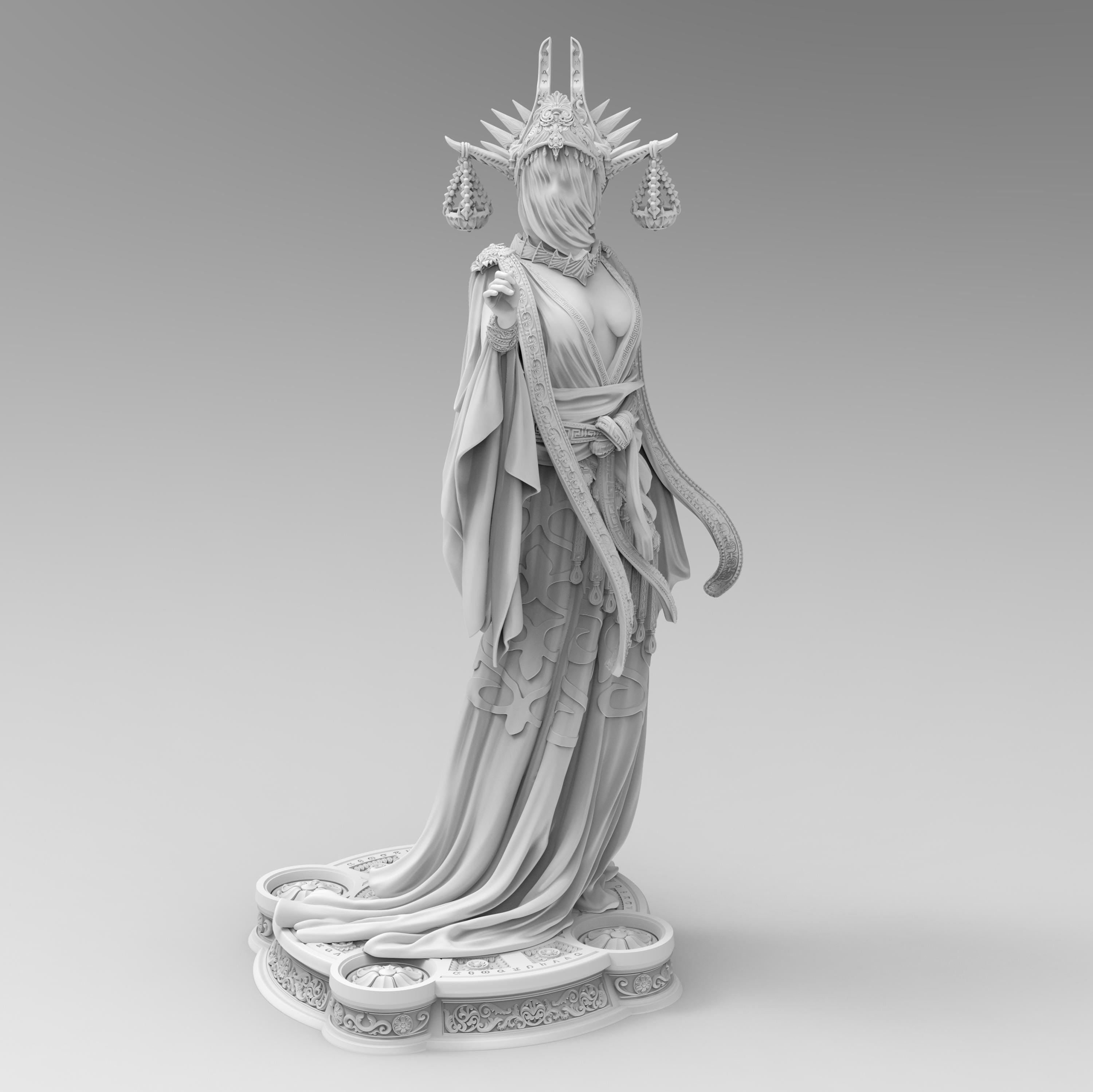 Highly detailed 3D-printed statue of Atropos the Moirai. Depicted in a flowing robe with intricate gold detailing, a veiled face, and an elaborate headdress featuring hanging scales. A stunning display of divine elegance and fate’s embodiment.