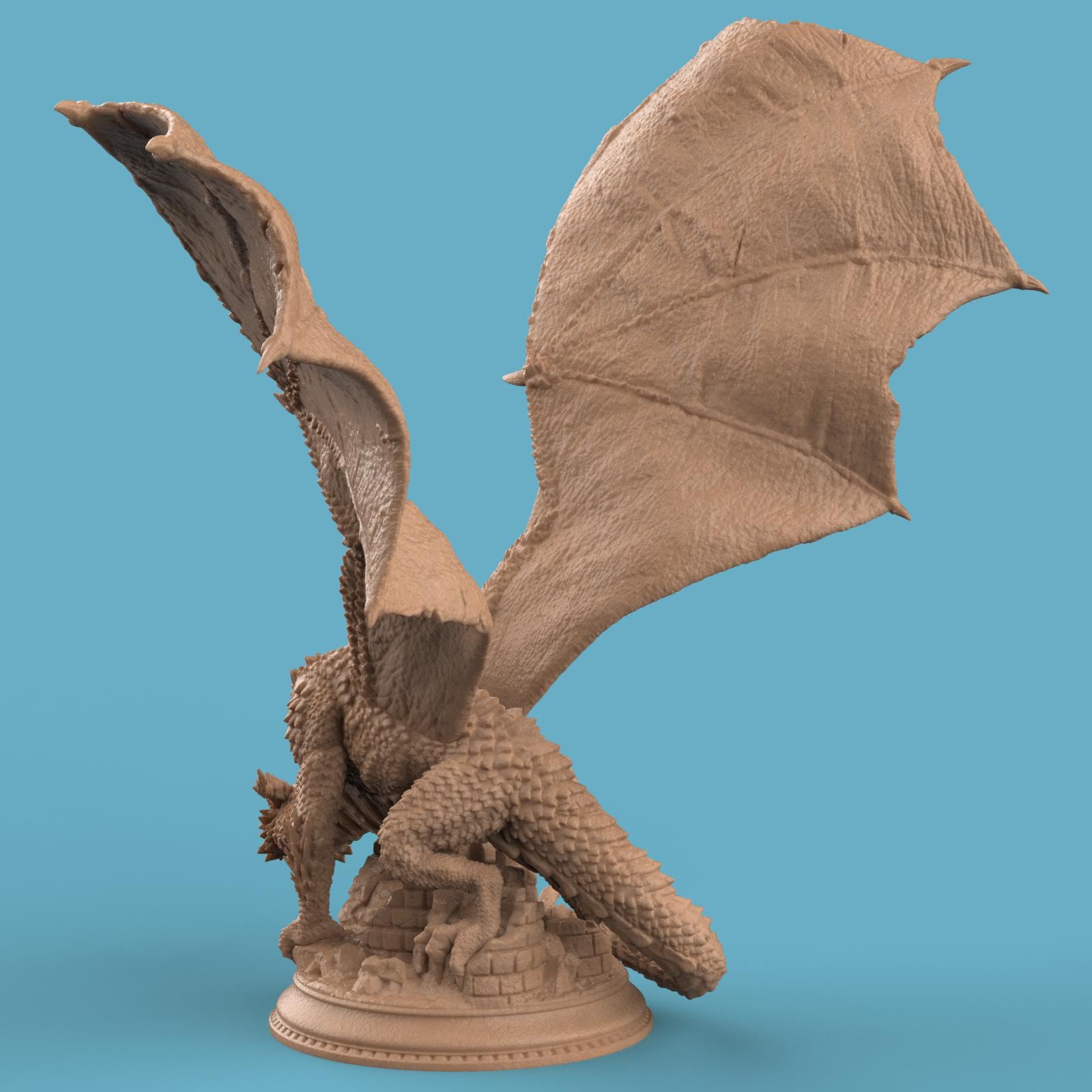 3D-printed Azmordion Silver Dragon miniature with massive outstretched wings, detailed scales, and a coiled tail perched against a ruined stone wall. Fantasy dragon collectible perfect for tabletop games or display.