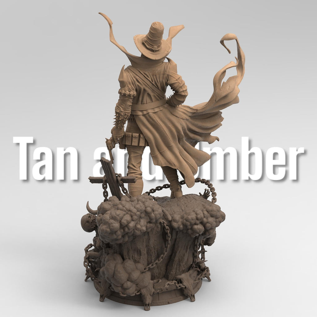 Gunslinger Spawn statue in a dynamic pose, wielding twin pistols with a flowing cape and spiked armor. Stands atop a detailed battlefield with chains and skulls, capturing the dark, gritty essence of the character.
