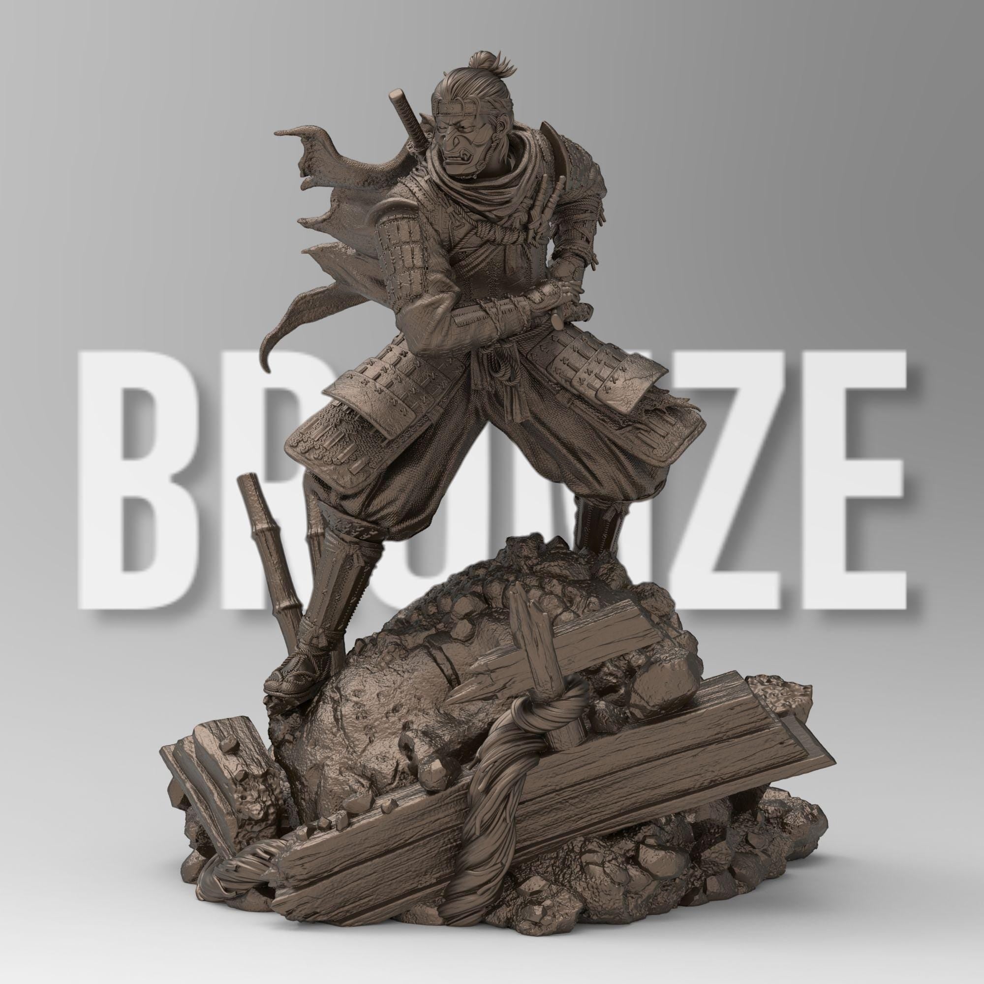 Jin Sakai from Ghost of Tsushima in a dynamic pose, gripping his katana. He wears samurai armor with a flowing scarf and a battle-worn flag behind him. The base features broken structures and rocks, symbolizing the fallen Shogunate era.