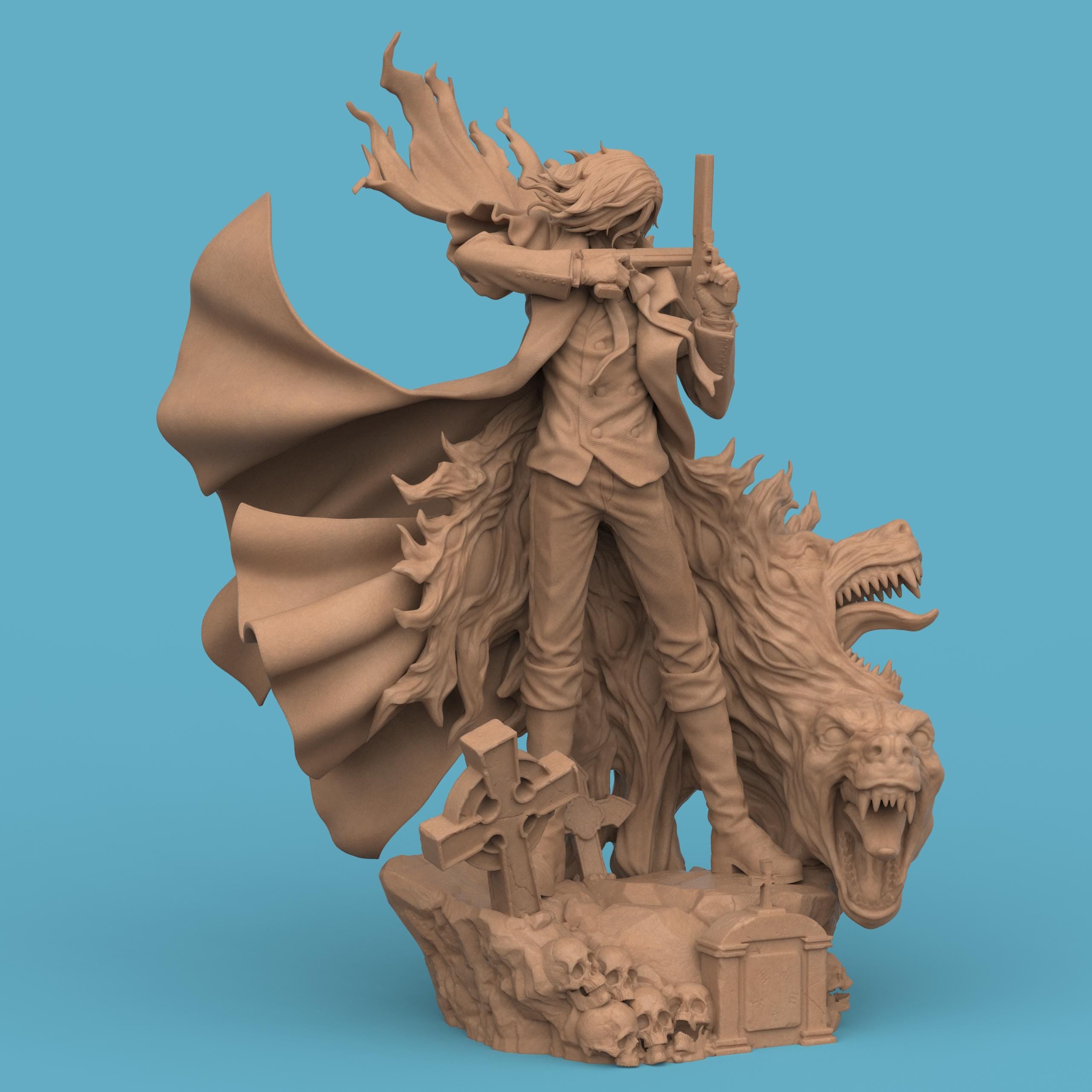 Highly detailed 3D-printed Alucard figurine, depicting a dark, vampire-like warrior in a red coat wielding dual pistols. The figure stands atop a gothic base adorned with skulls and gravestones, surrounded by swirling red demonic energy and snarling beast heads, capturing a dramatic and supernatural atmosphere.