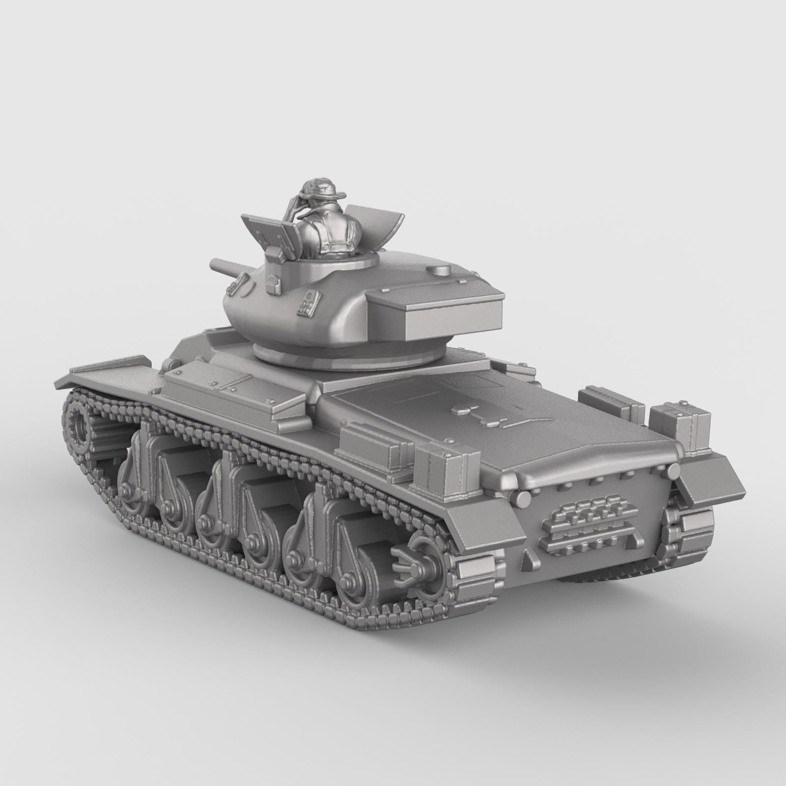 3D model of the Sentinel AC1 tank, featuring rounded turret with mounted gunner figure, smooth armored hull, and distinctive suspension with four large bogies per side, shown in metallic silver finish.