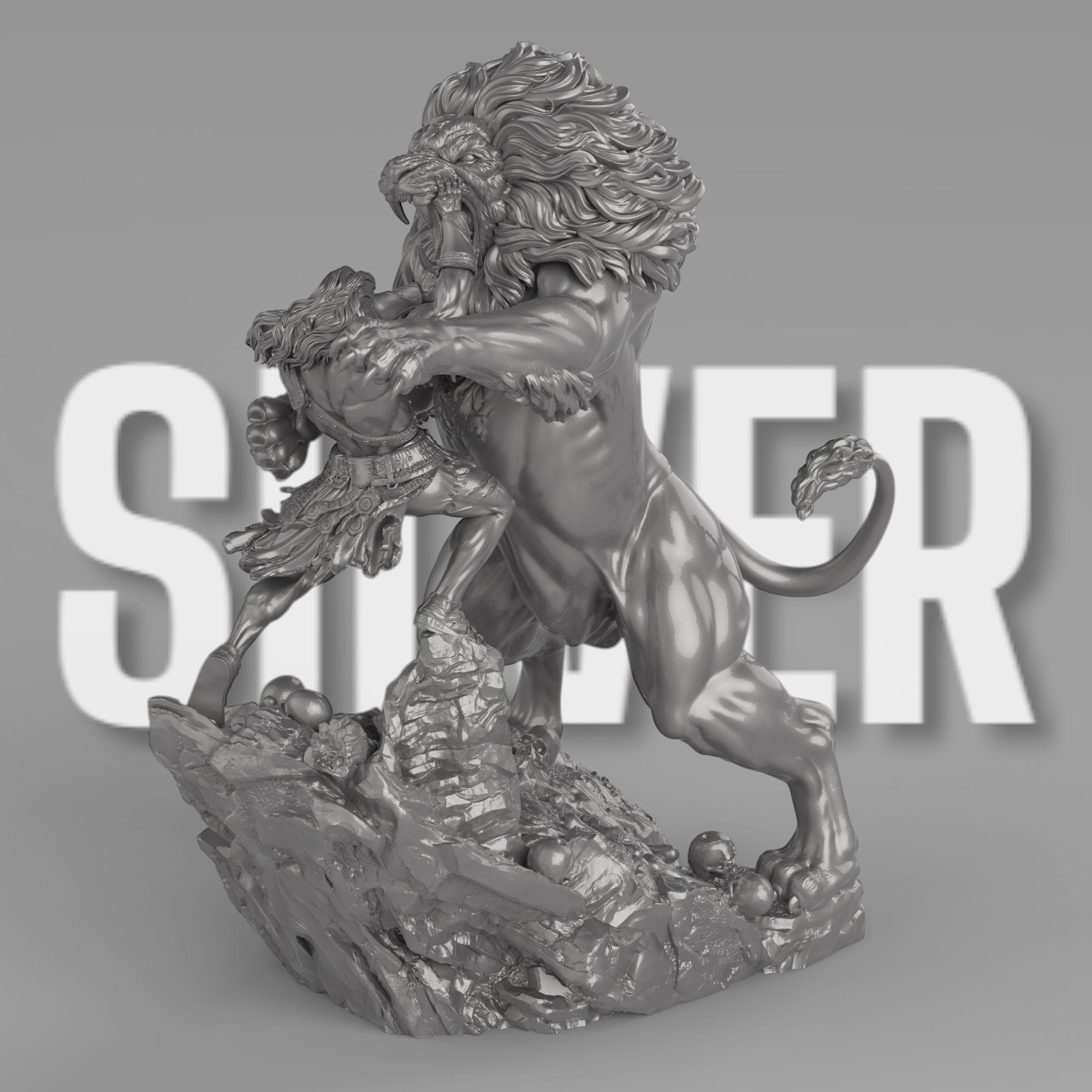 A sculpture of Heracles wrestling the Nemean Lion. The muscular hero grips the lion’s jaw, showcasing his strength. The beast’s mane is intricately detailed, and the rocky base features skulls. A dynamic and intense mythological scene.