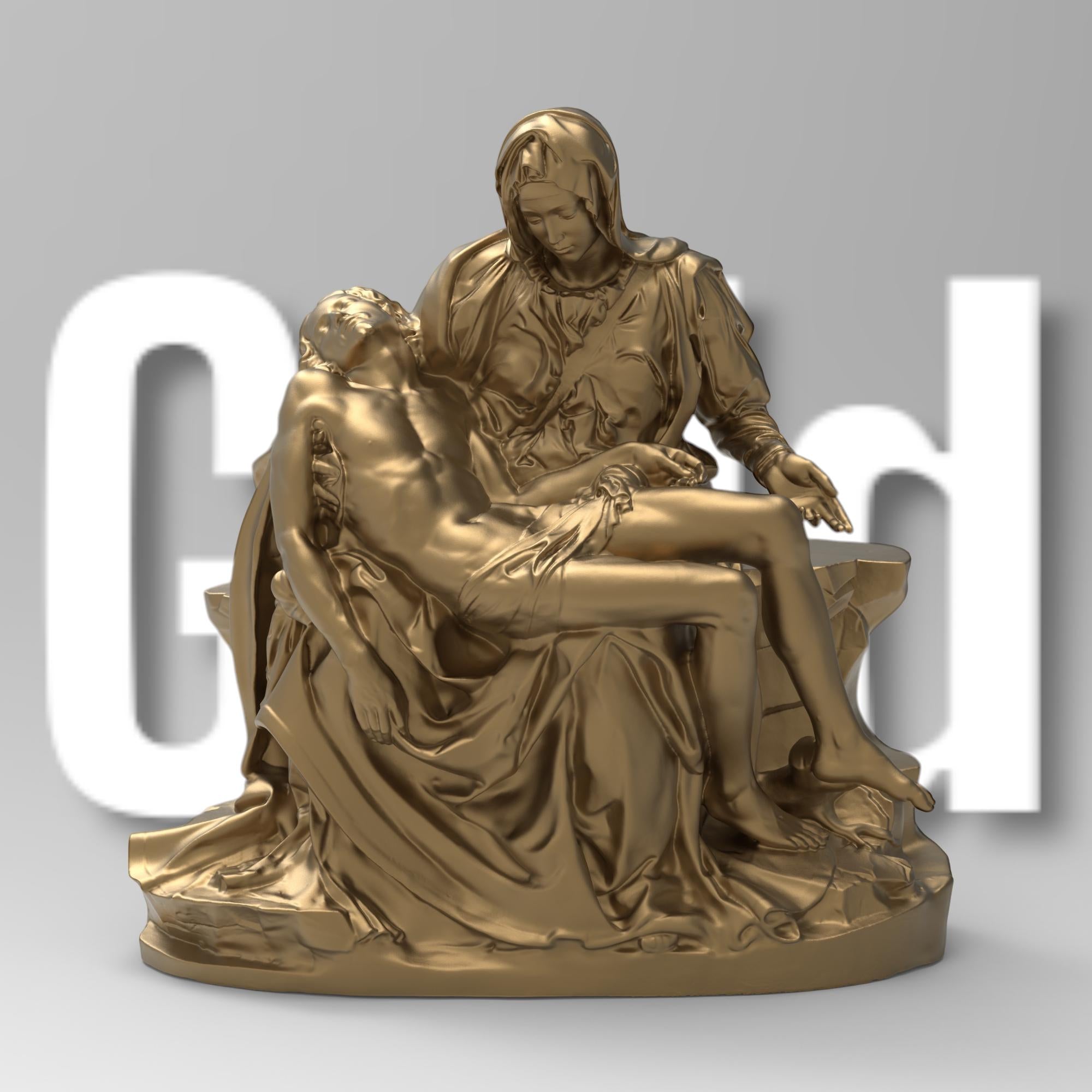 Detailed La Pietà statuette depicting Mary cradling the lifeless body of Jesus. Features intricate drapery, serene expressions, and masterful sculpting inspired by Michelangelo’s Renaissance masterpiece.