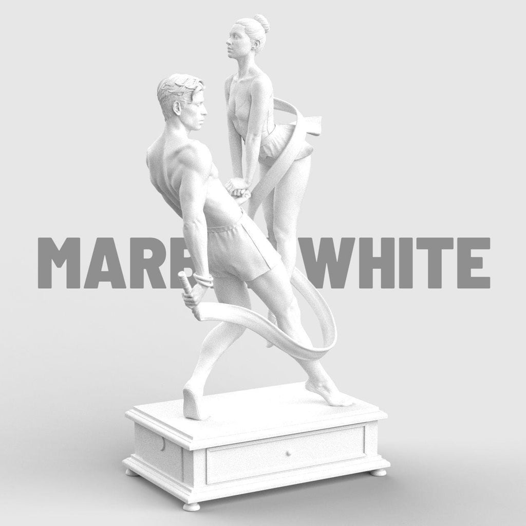 3D-printed figurine of a male and female dancer entwined with flowing ribbons, symbolizing harmony and balance. The male figure stands firm holding the ribbon while the female dancer rises gracefully on pointe, their hands interlocked. The dynamic ribbons encircle them, emphasizing movement and unity. Mounted on a rectangular decorative base.