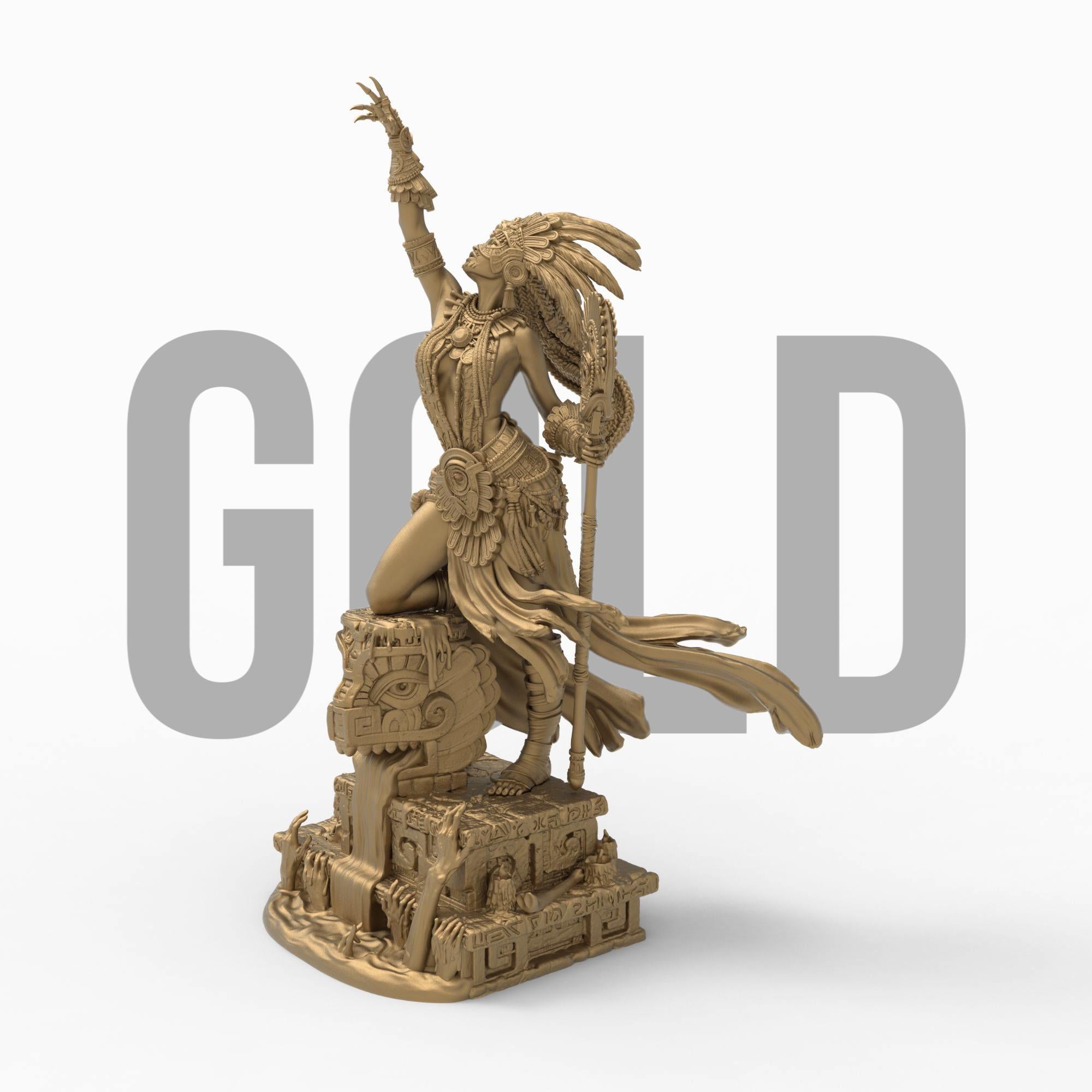 Necalin, the Priestess of Death, rises from ancient ruins, summoning forgotten powers. Clad in ceremonial armor and wielding a skull-topped staff, she channels divine wrath and spiritual dominion. This intricately detailed sculpture captures her fierce grace and mystical authority—a commanding centerpiece for any collection of mythical figures.