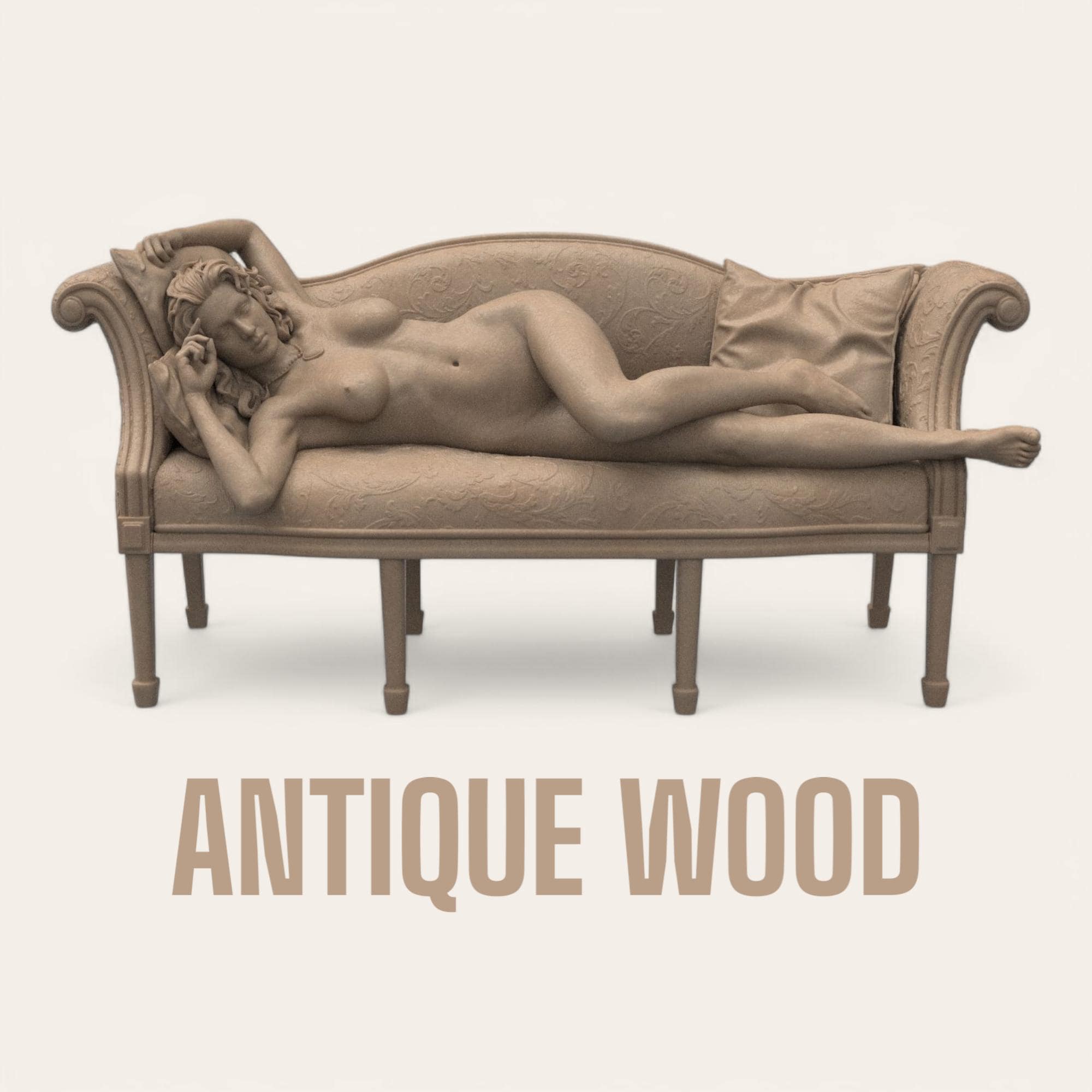 Titanic Rose 3D sculpture inspired by the iconic film pose. A graceful figure reclines nude on a vintage sofa, with detailed textures in fabric and anatomy, capturing a timeless moment of elegance and vulnerability.