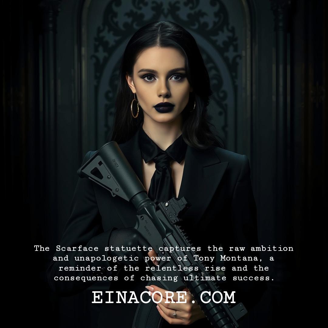 Statuette of Al Pacino as Scarface, depicting a dynamic pose with a rifle in hand, wearing a pinstriped suit and standing on a textured base.