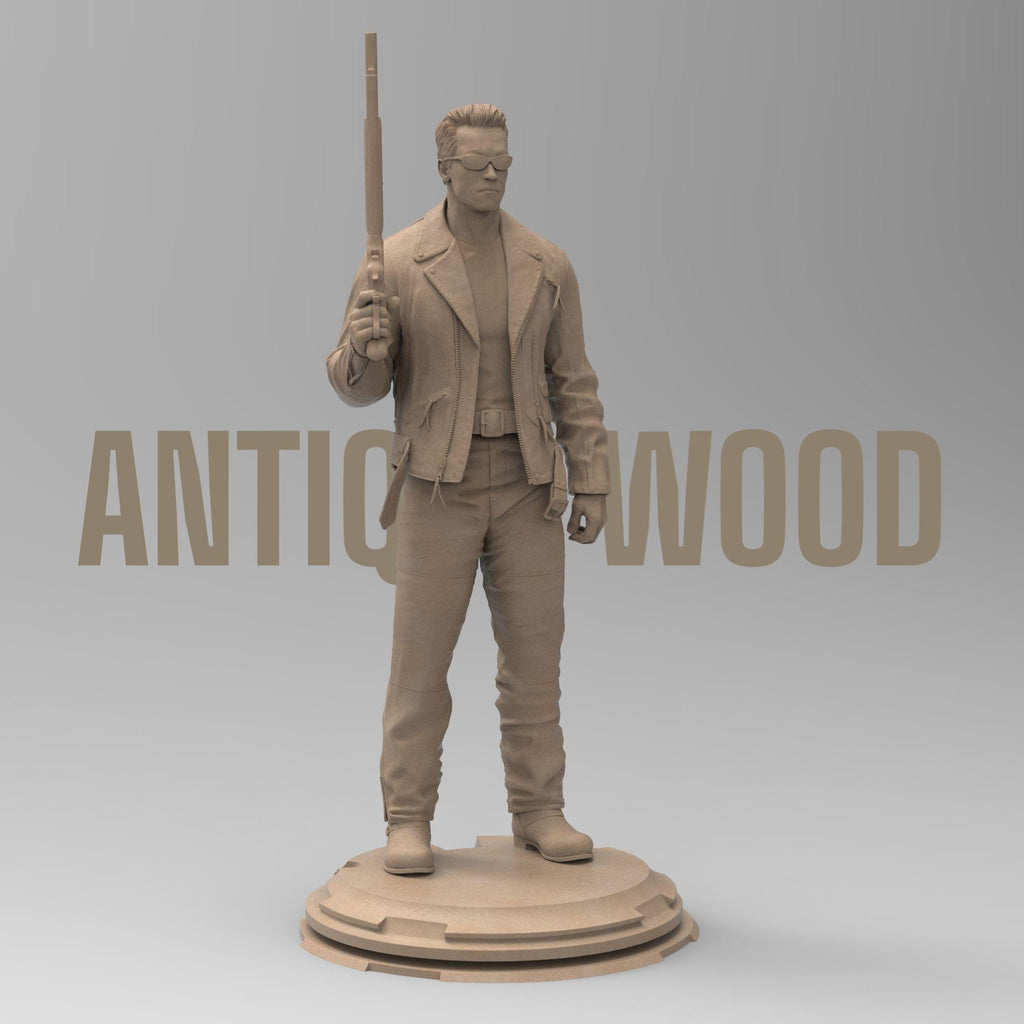 A 3D printed figurine of the Enforcer, featuring detailed clothing, sunglasses, and a shotgun. Captures the iconic look with a strong stance on a round base. Perfect for fans of the classic sci-fi film.