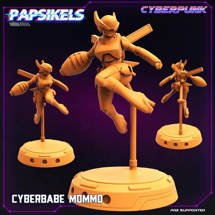 Cyberbabe Mommo, a dynamic cyberpunk warrior, soars mid-air in sleek armor with powerful gauntlets and a futuristic visor. Her agile stance and mechanical enhancements make her a striking figure for sci-fi enthusiasts and collectors.