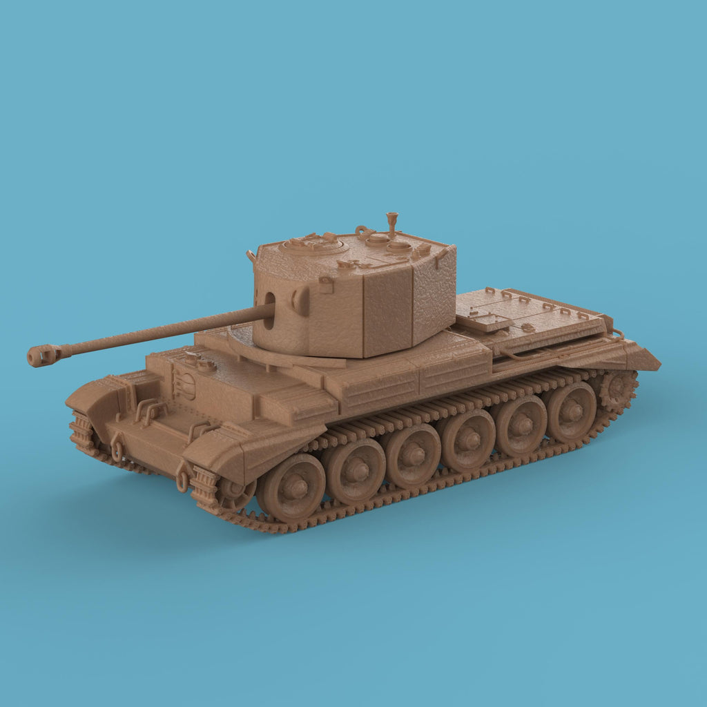 A tabletop miniature model of the A30 Challenger Tank, featuring a detailed turret with a long barrel, six large road wheels on each side, and distinct track and hull details. The model has a textured finish, resembling a scaled-down, resin-cast military tank displayed against a plain blue background.