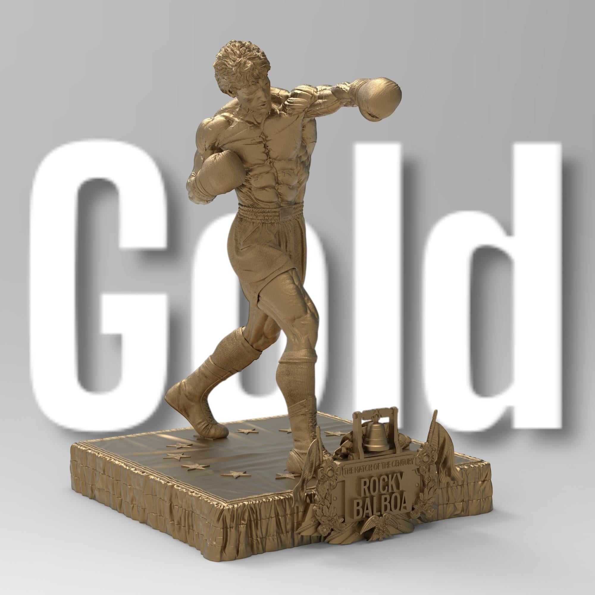 Rocky Balboa statuette capturing the iconic boxer in a powerful fighting stance. Features sculpted muscles, boxing gloves, and a detailed base with championship elements, embodying determination and resilience.