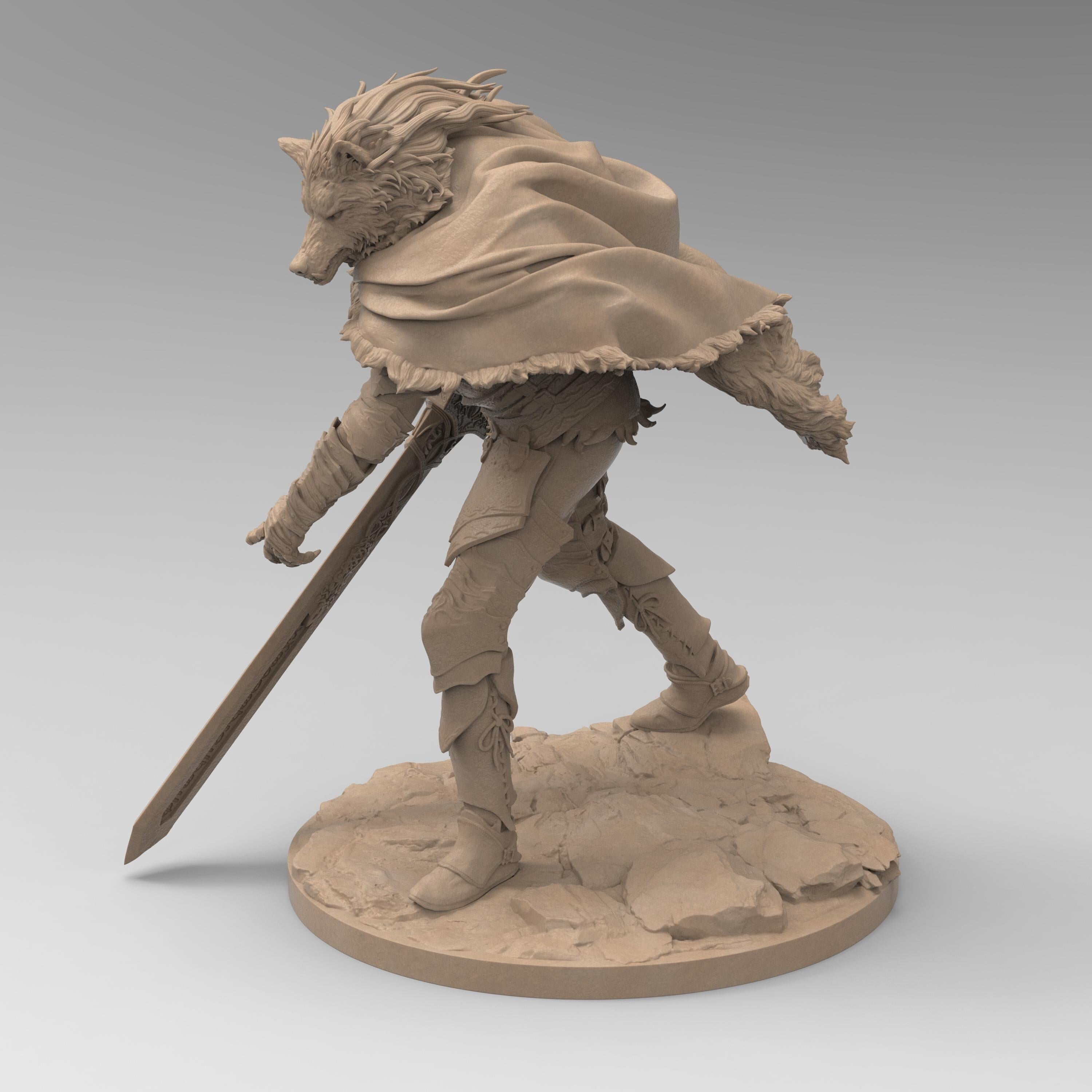 3D-printed figure of Blaidd from Elden Ring, capturing his wolf-like features and imposing armor. Standing tall with a fierce expression, this statue embodies the half-wolf warrior&#39;s noble and loyal nature, sword drawn and ready for battle.