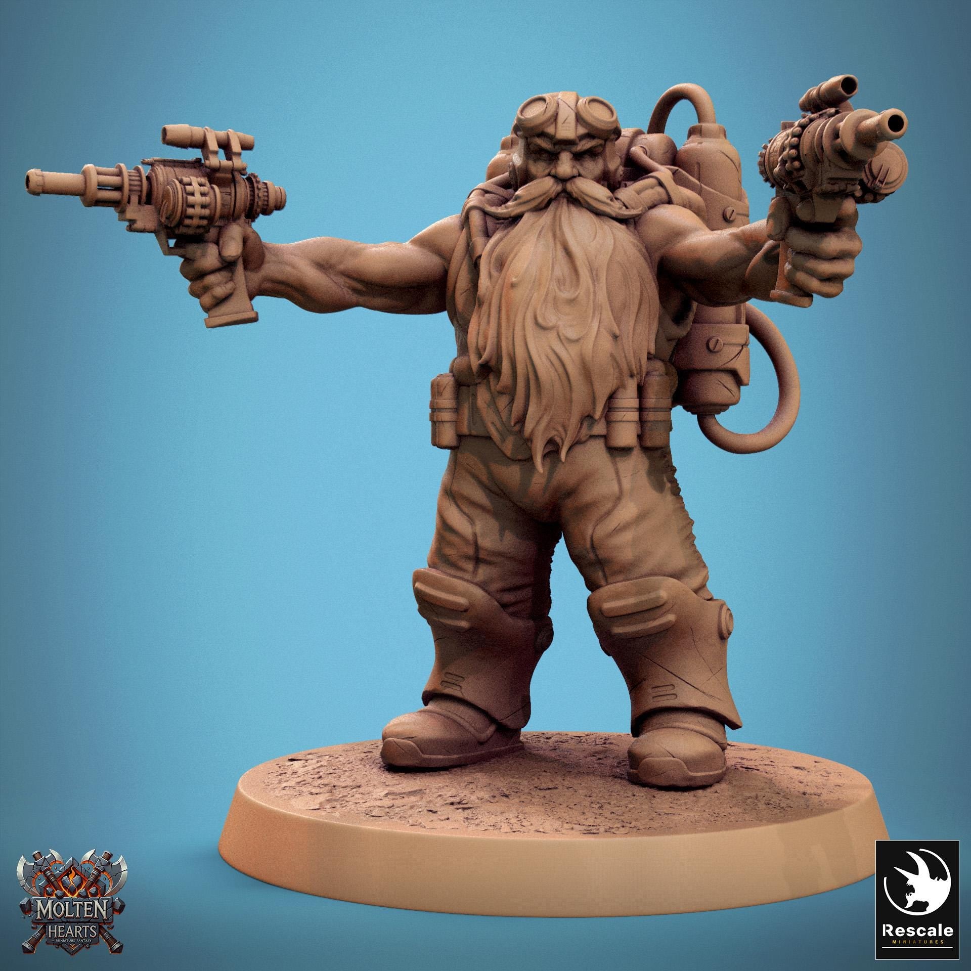 The Dwarf Steampunk gunslinger wields dual intricate pistols, clad in heavy boots and a mechanical backpack. His long beard flows beneath his goggles as he stands ready for battle, a fusion of dwarven grit and advanced steampunk technology.