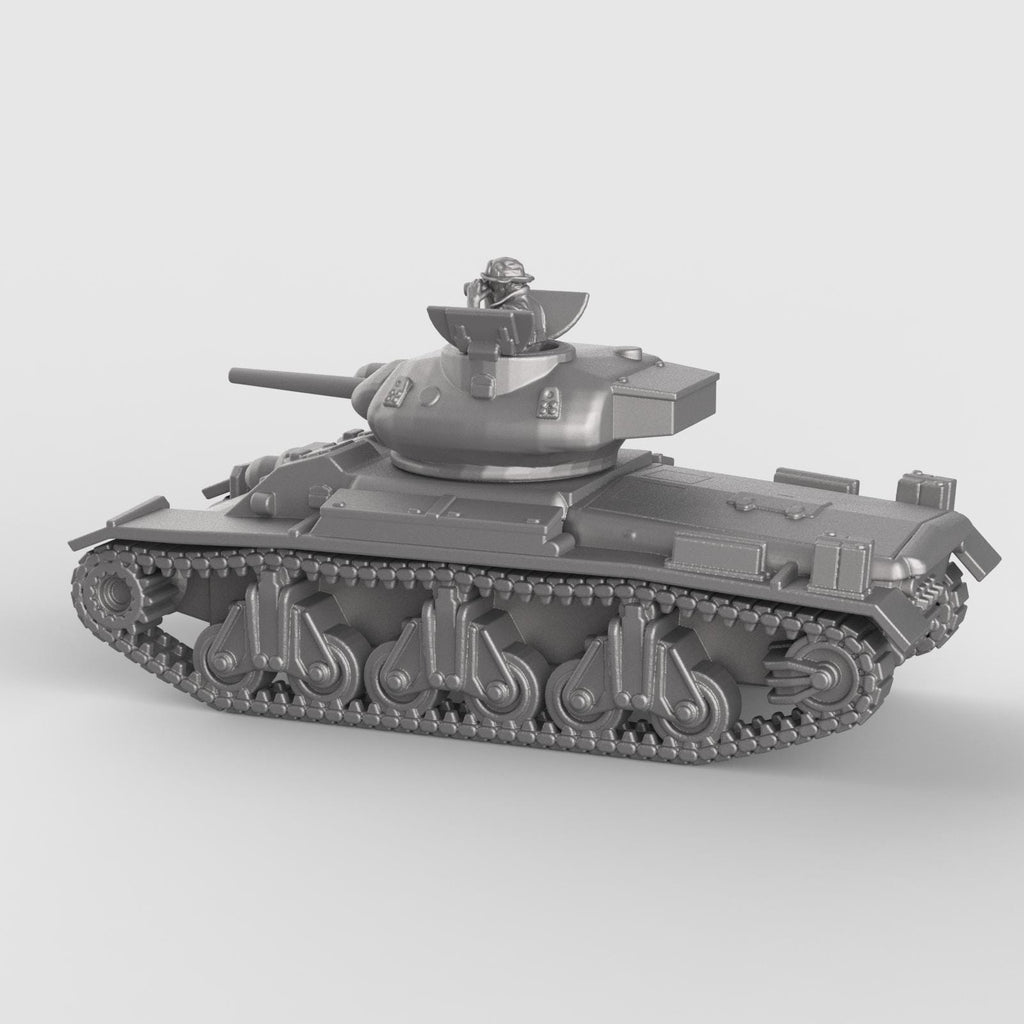 3D model of the Sentinel AC1 tank, featuring rounded turret with mounted gunner figure, smooth armored hull, and distinctive suspension with four large bogies per side, shown in metallic silver finish.