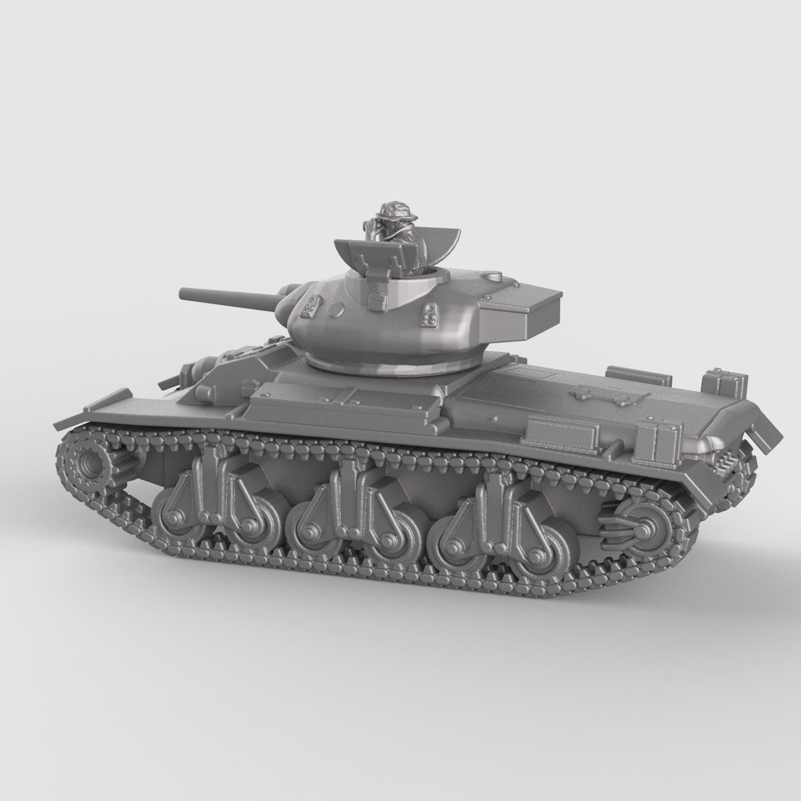 3D model of the Sentinel AC1 tank, featuring rounded turret with mounted gunner figure, smooth armored hull, and distinctive suspension with four large bogies per side, shown in metallic silver finish.