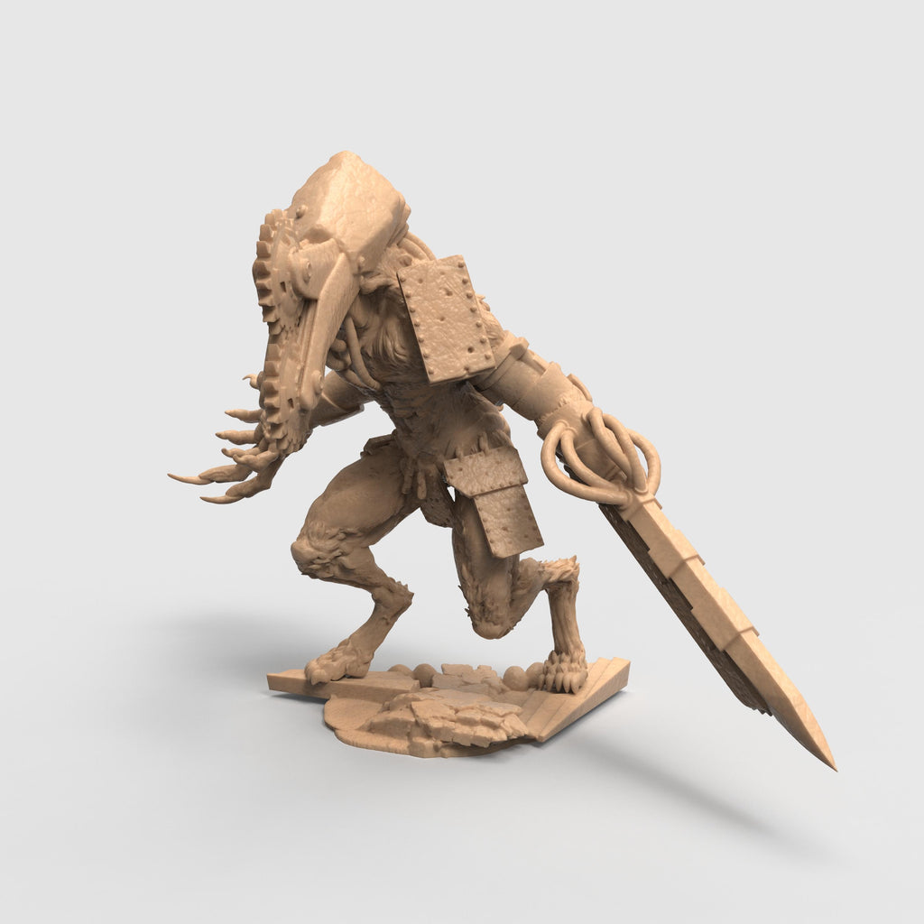 Three views of the Sampaloc War Wolf miniature, a muscular werewolf-like creature with mechanical enhancements. The beast features a large headpiece fitted with twin circular saw blades and wears spiked armor plates on its shoulders. One arm ends in a menacing clawed hand, while the other is equipped with a chainsaw-like weapon. The figure stands on a textured base resembling broken terrain, emphasizing its aggressive and battle-ready posture.