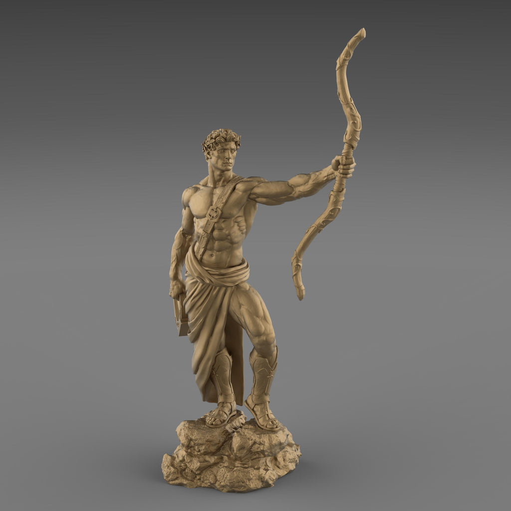 Apollo statue with a bow and lyre, wearing a laurel wreath and draped garment. His heroic stance and muscular form embody divine strength and grace.