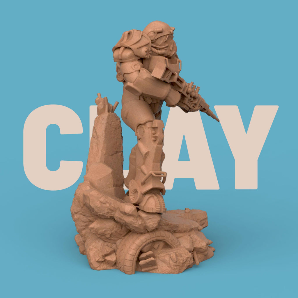 3D-printed T-60 Power Armor figurine featuring a heavily armored soldier standing on a rocky base. The detailed design showcases metallic plating, mechanical joints, and a futuristic energy weapon — a perfect collectible for sci-fi fans and post-apocalyptic enthusiasts.