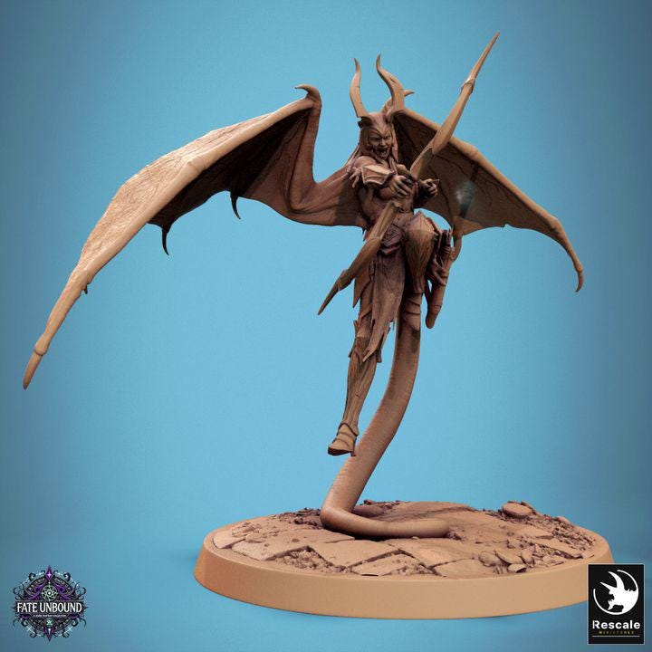A fierce female cambion with demonic wings, curved horns, and a serpent tail wields a deadly spear and shield. Her armored form exudes power as she stands ready for battle, embodying both beauty and terror in a masterfully sculpted miniature.