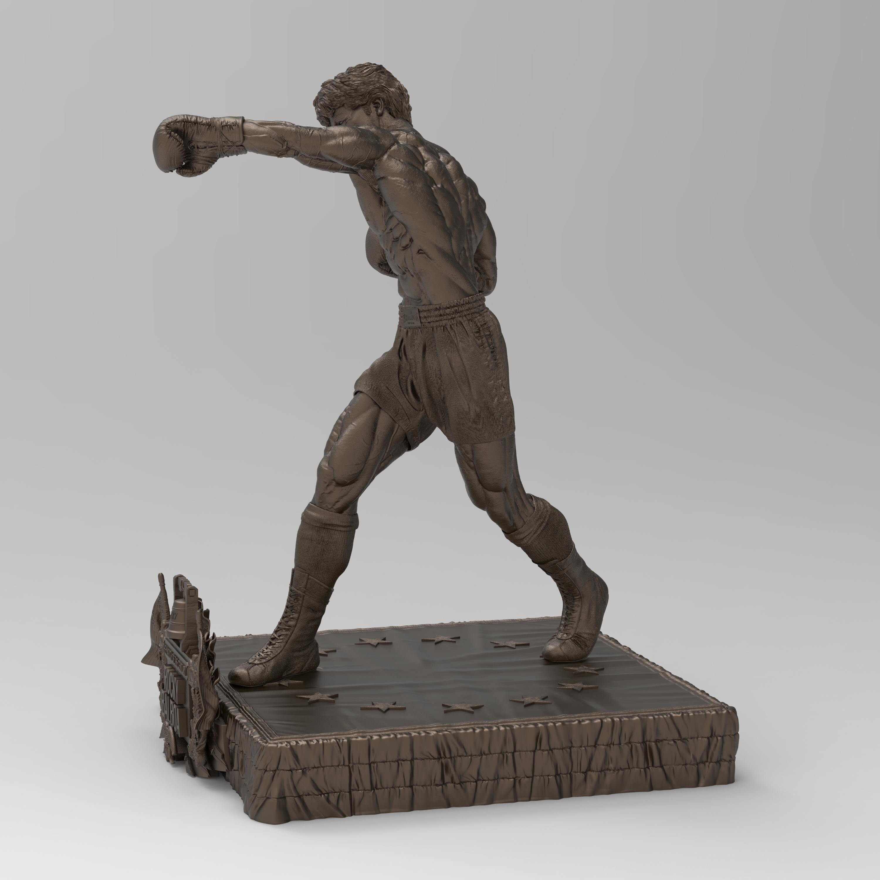 Rocky Balboa statuette capturing the iconic boxer in a powerful fighting stance. Features sculpted muscles, boxing gloves, and a detailed base with championship elements, embodying determination and resilience.