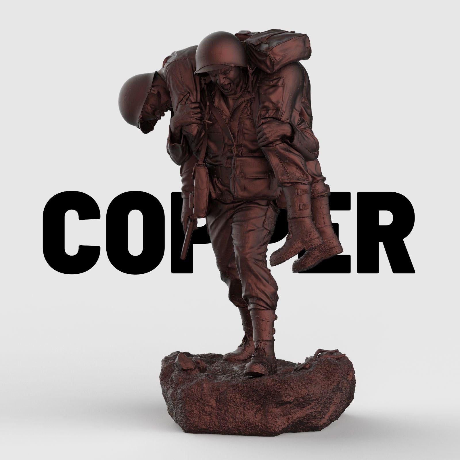 Detailed 3D-printed statue of a WWII soldier carrying a wounded comrade on his back, symbolizing courage, sacrifice, and brotherhood in battle. The figure is set on a rocky base, capturing raw emotion and heroic realism.