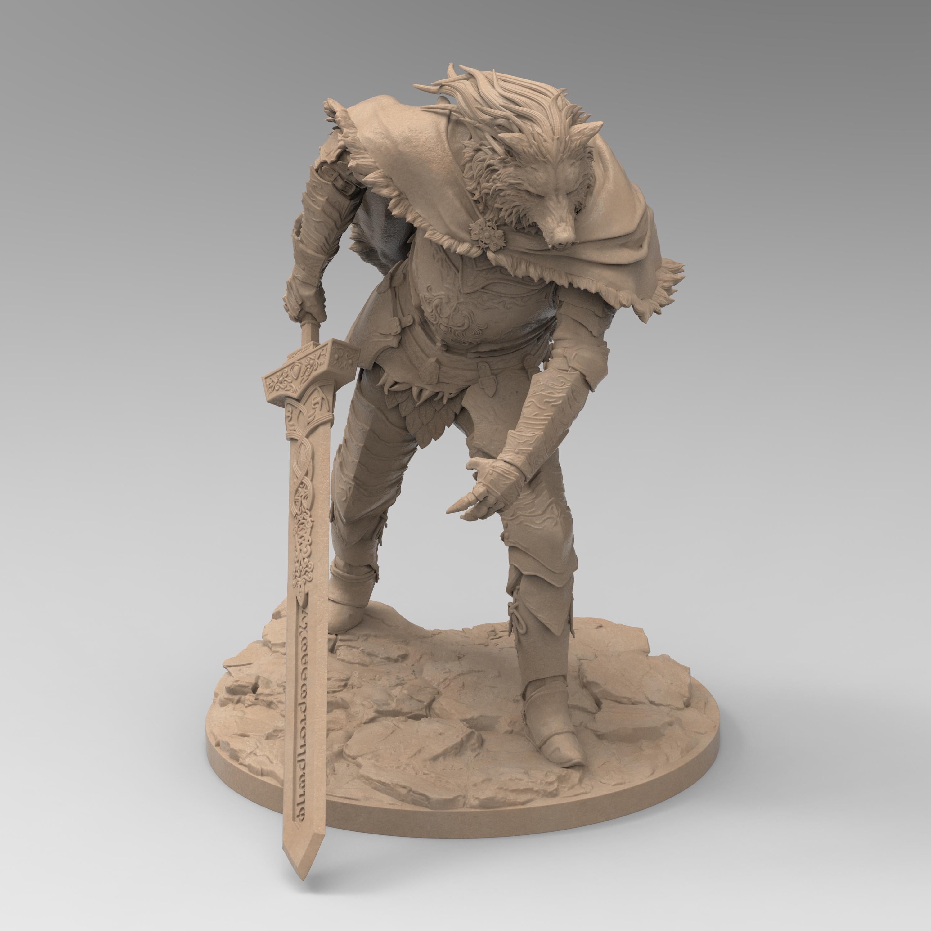 3D-printed figure of Blaidd from Elden Ring, capturing his wolf-like features and imposing armor. Standing tall with a fierce expression, this statue embodies the half-wolf warrior&#39;s noble and loyal nature, sword drawn and ready for battle.