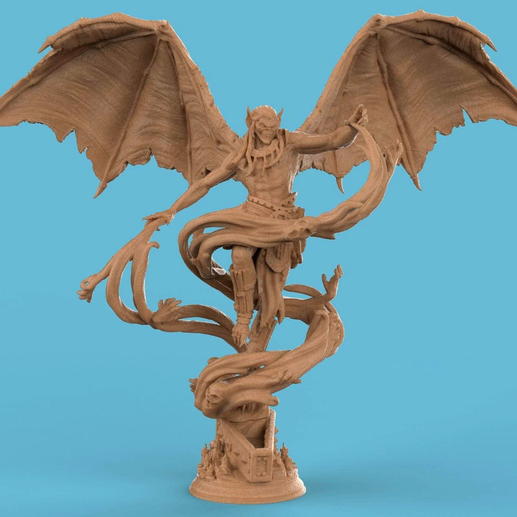 3D-printed statue of Elder Vampire Theldranax, a demonic figure with massive wings, sharp horns, and a muscular form. Twisting spectral hands and tendrils rise from the base, entwining the vampire as he looms with an ominous, commanding presence.