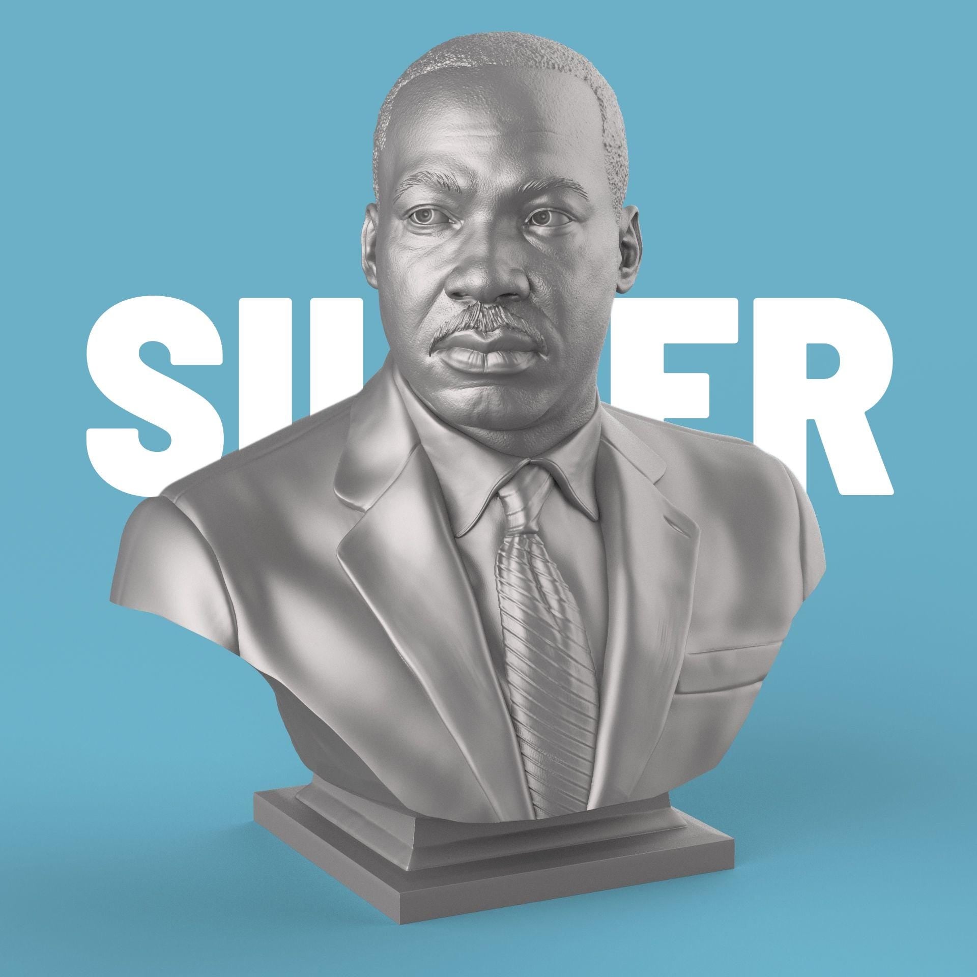 3D-printed bust of Martin Luther King Jr. in a suit and tie, capturing his determined expression with fine detailing, ideal for collectors, tributes, or display décor.