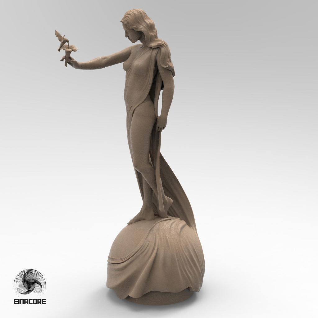 Statue of Eirene, the Goddess of Peace, featuring a serene woman with flowing hair, holding a dove. She stands gracefully on a spherical base, symbolizing harmony and balance.