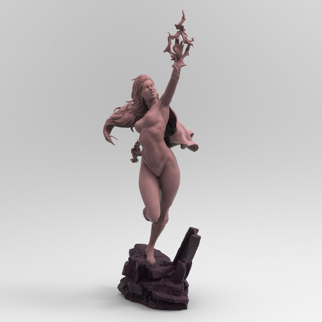 3D-printed statue of Kaira Nova in a dynamic pose, levitating over rocky debris with energy constructs forming around her hands. Detailed sculpt with flowing hair, a cape, and a confident expression, capturing her iconic superhero stance.
