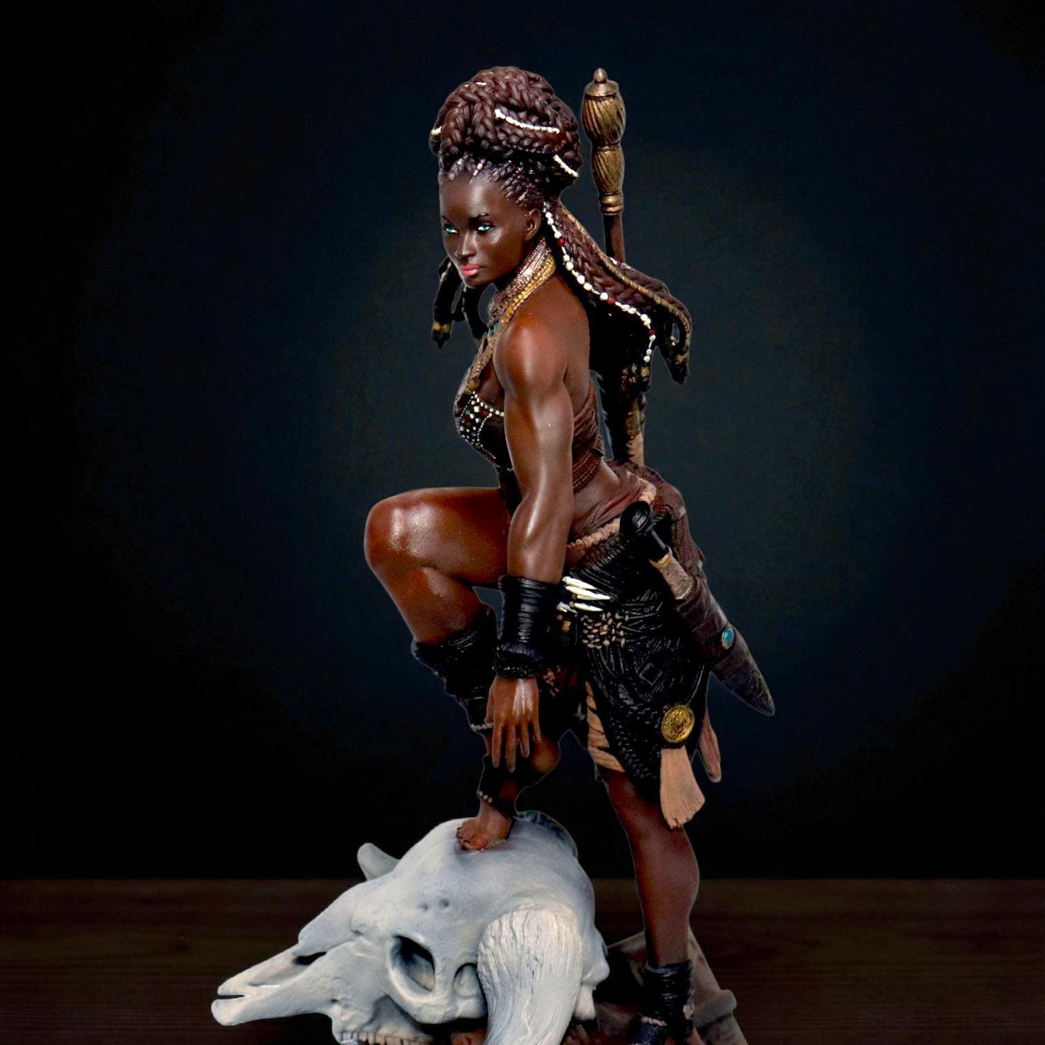 Elzebe, the Warrior Queen, stands atop a rocky skull, exuding strength and regality. Clad in intricate armor, her braided hair flows as she surveys the battlefield. A fierce leader, she embodies resilience and power, a true queen of war and legend.