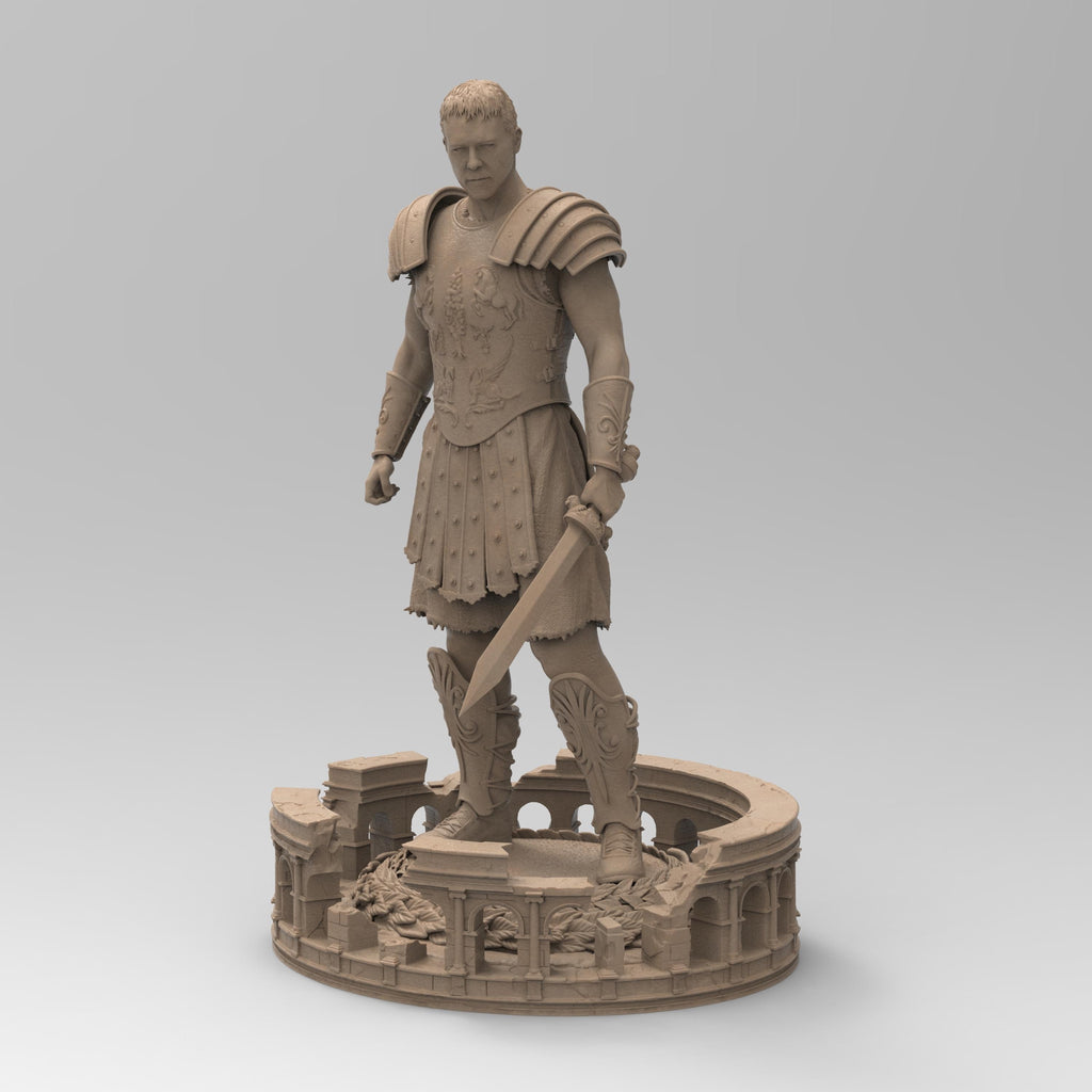 Statuette of The Gladiator, depicted in detailed armor with a sword in hand, standing confidently on a base featuring an intricate colosseum design and laurel accents.