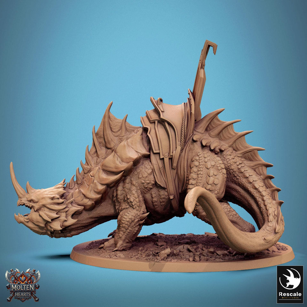 Drakanchor, a mighty war beast, carries a heavily armored warrior atop its spiked back. With rugged scales, massive horns, and an imposing stance, this fearsome mount is ready for battle. A stunning piece for collectors and tabletop RPG enthusiasts.