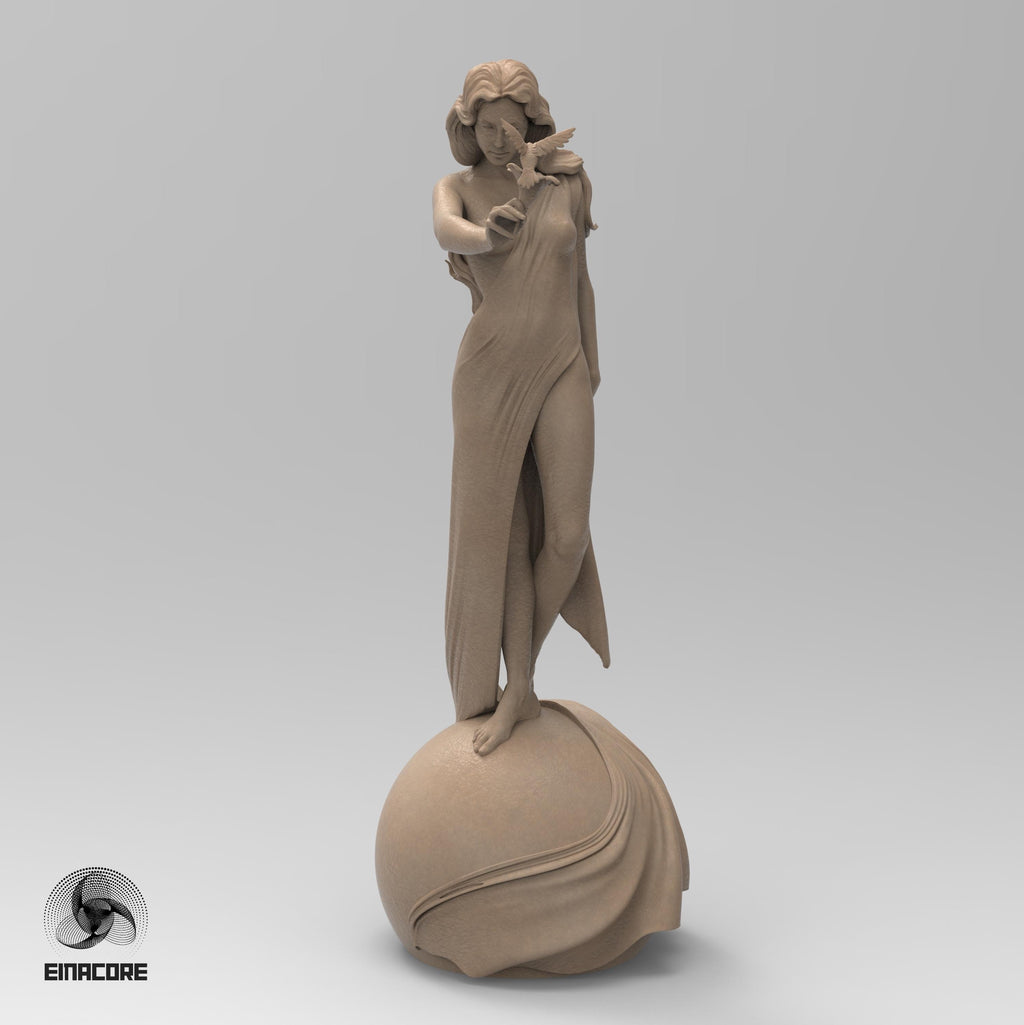 Statue of Eirene, the Goddess of Peace, featuring a serene woman with flowing hair, holding a dove. She stands gracefully on a spherical base, symbolizing harmony and balance.