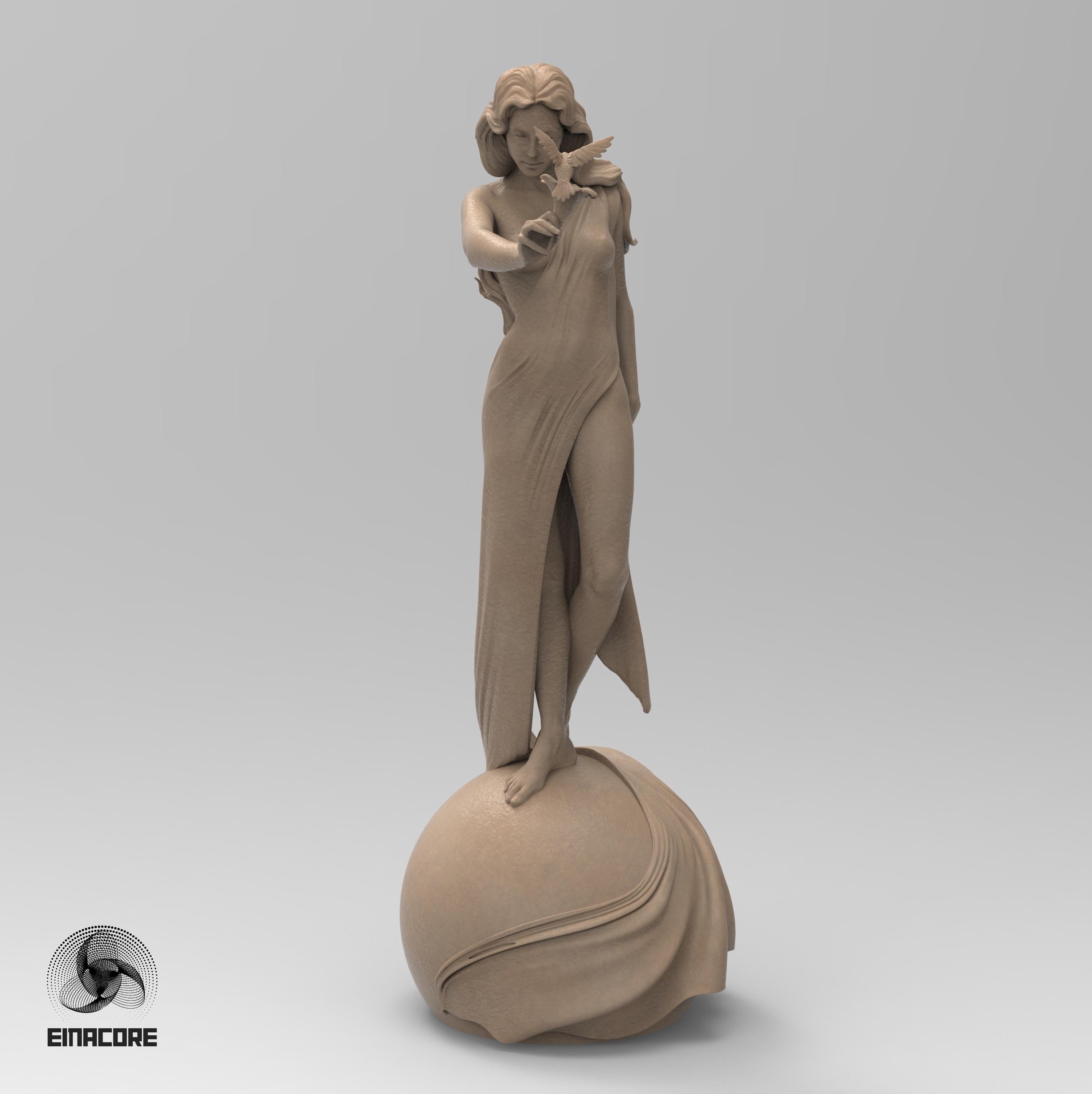 Statue of Eirene, the Goddess of Peace, featuring a serene woman with flowing hair, holding a dove. She stands gracefully on a spherical base, symbolizing harmony and balance.