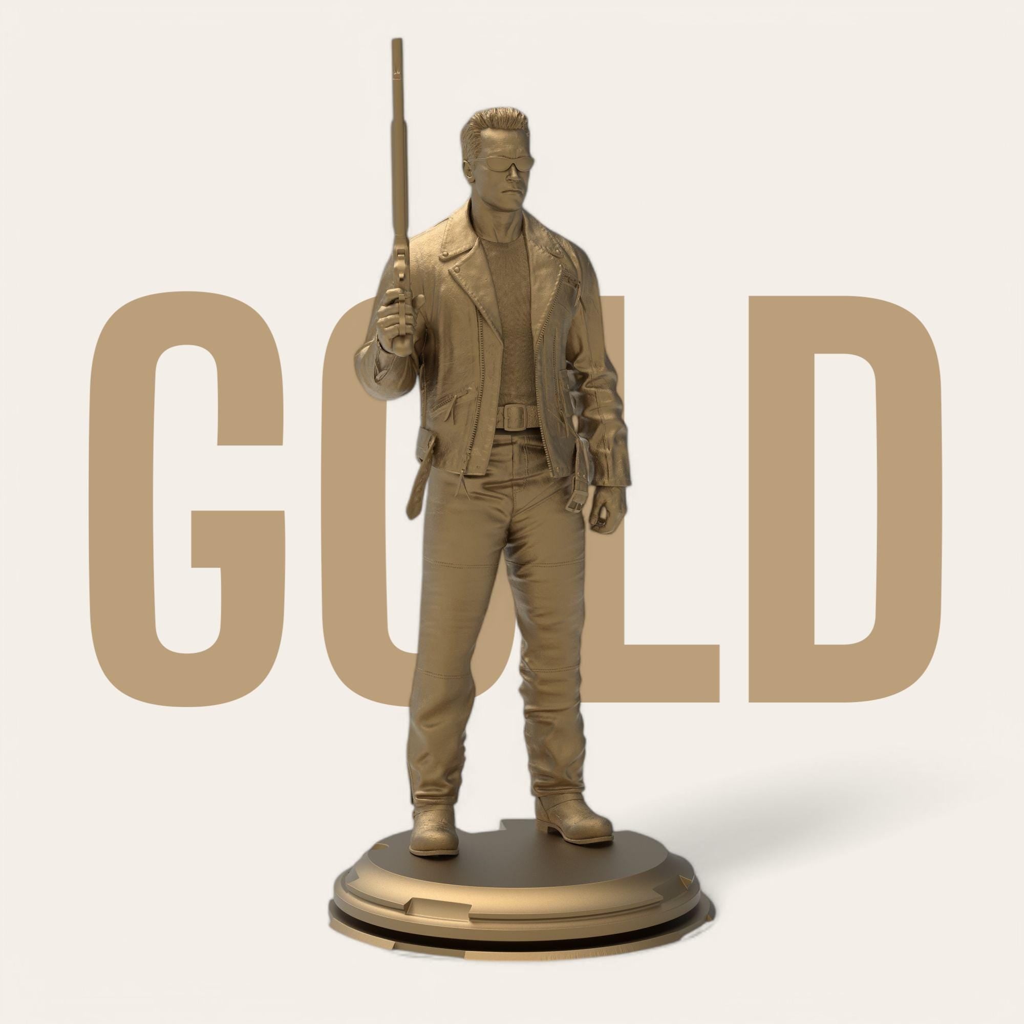 A 3D printed figurine of the Enforcer, featuring detailed clothing, sunglasses, and a shotgun. Captures the iconic look with a strong stance on a round base. Perfect for fans of the classic sci-fi film.