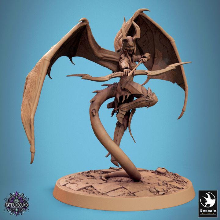 A fierce female cambion with demonic wings, curved horns, and a serpent tail wields a deadly spear and shield. Her armored form exudes power as she stands ready for battle, embodying both beauty and terror in a masterfully sculpted miniature.