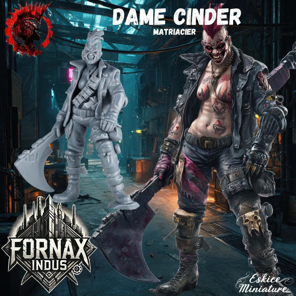 A group of six highly detailed 3D-printed miniatures representing a post-apocalyptic punk gang, featuring fierce female and male characters with mohawks, cybernetic enhancements, and heavy weaponry. The figures are designed in a gritty sci-fi style, posed for action, and intended for tabletop wargaming. The background includes the illustrated gang members in a dark, dystopian alleyway, reinforcing the futuristic and rebellious aesthetic of the Fornax Indus universe.