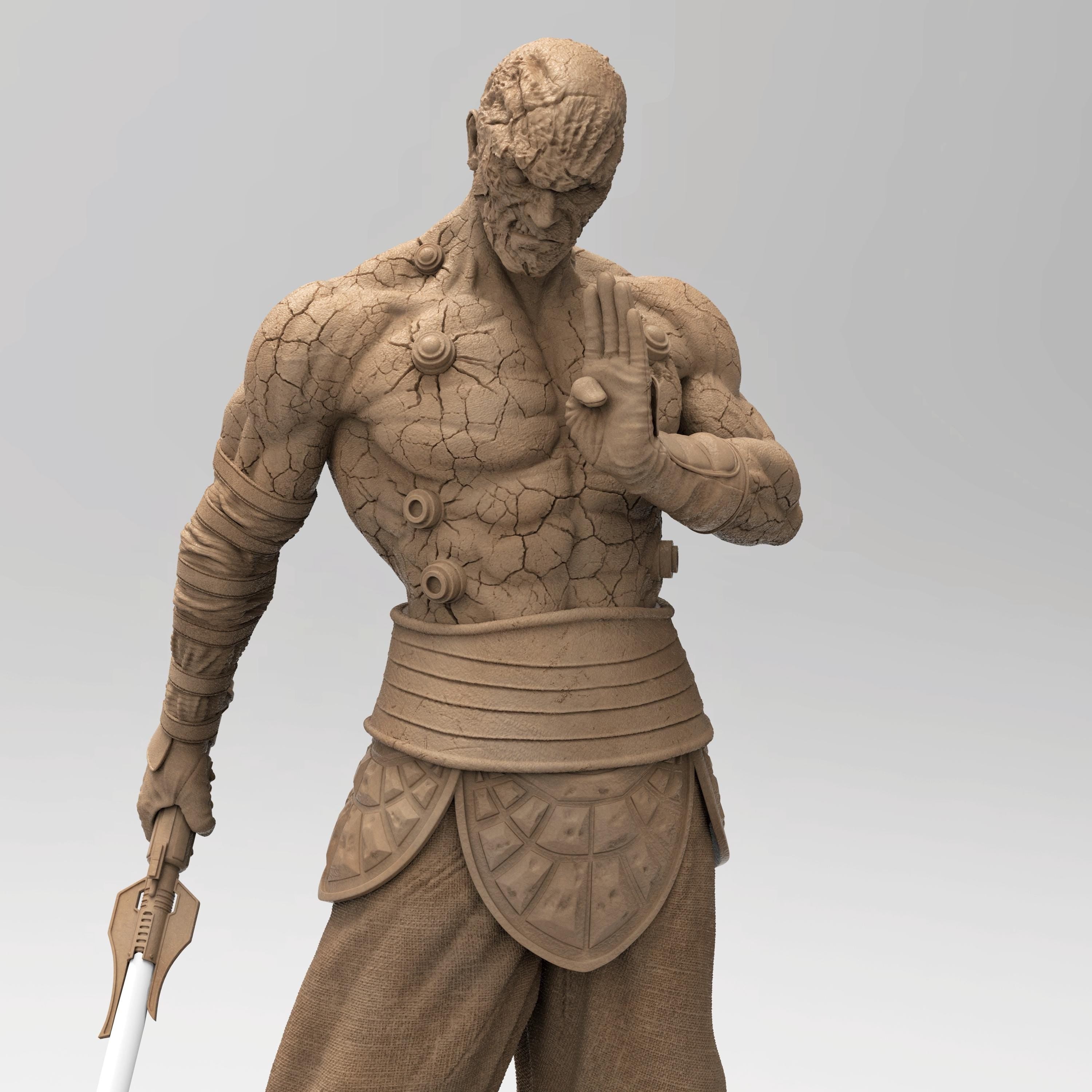 Darth Sion statue, showcasing the Sith Lord’s cracked stone-like body. He stands on a futuristic base, gripping a lightsaber, exuding menace. His battle-worn armor and intense gaze reflect his mastery of the dark side, embodying pain and hatred.