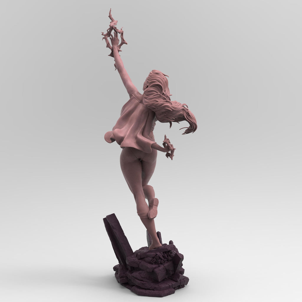 3D-printed statue of Kaira Nova in a dynamic pose, levitating over rocky debris with energy constructs forming around her hands. Detailed sculpt with flowing hair, a cape, and a confident expression, capturing her iconic superhero stance.