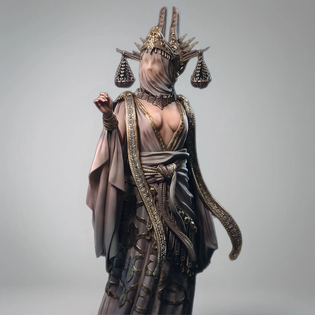Highly detailed 3D-printed statue of Atropos the Moirai. Depicted in a flowing robe with intricate gold detailing, a veiled face, and an elaborate headdress featuring hanging scales. A stunning display of divine elegance and fate’s embodiment.