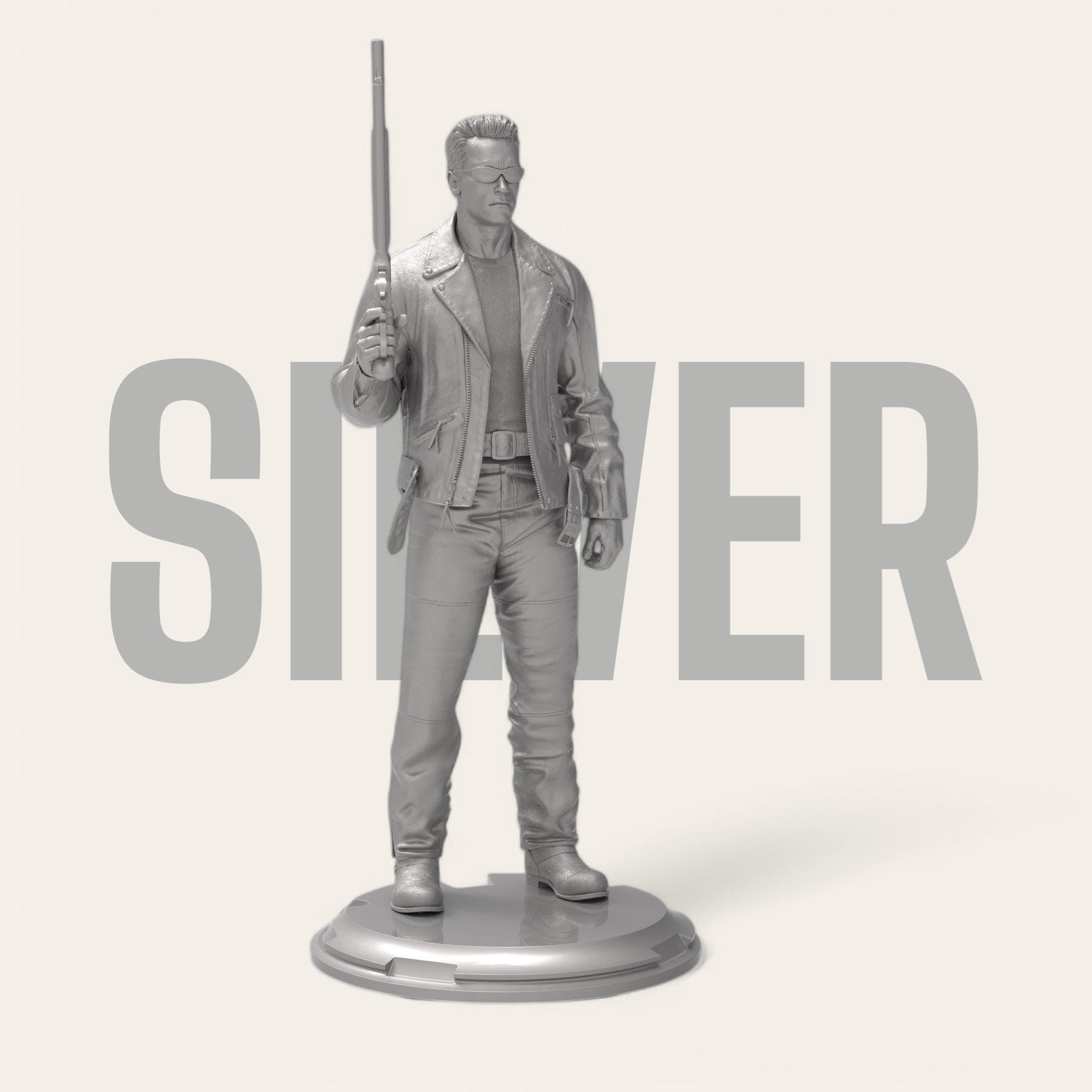 A 3D printed figurine of the Enforcer, featuring detailed clothing, sunglasses, and a shotgun. Captures the iconic look with a strong stance on a round base. Perfect for fans of the classic sci-fi film.