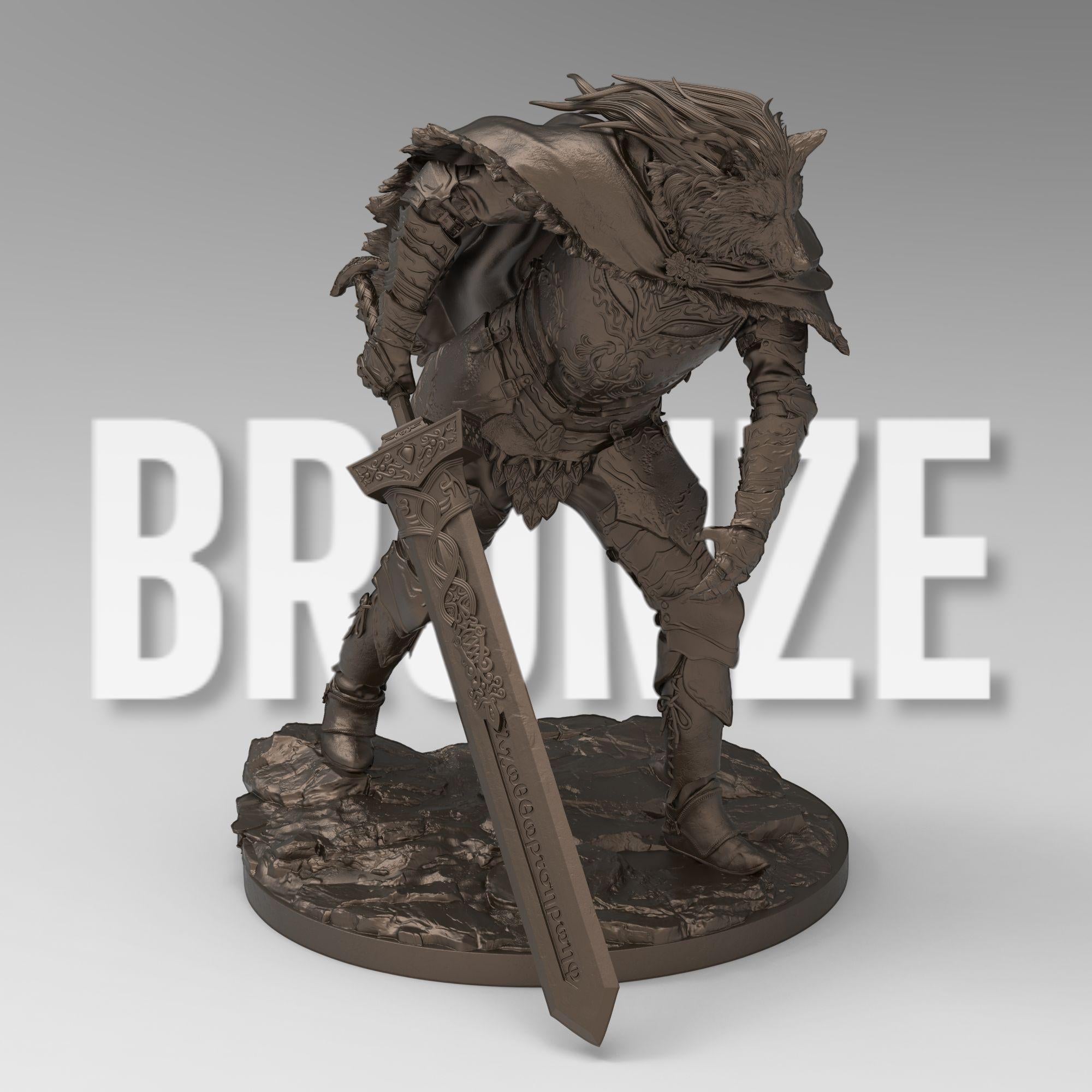 3D-printed figure of Blaidd from Elden Ring, capturing his wolf-like features and imposing armor. Standing tall with a fierce expression, this statue embodies the half-wolf warrior&#39;s noble and loyal nature, sword drawn and ready for battle.